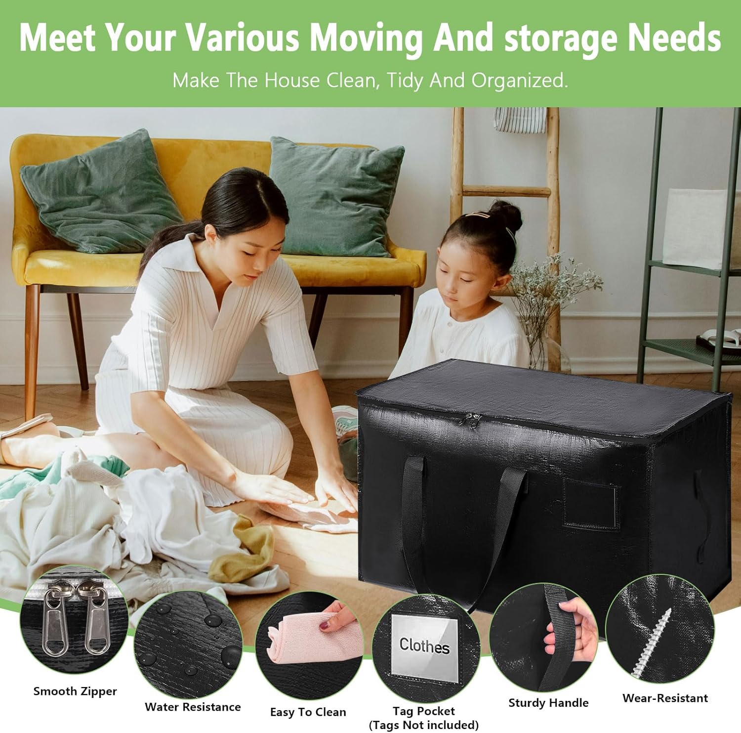 CARLA HOME 6-Pack Large Moving Storage Bags with Zippers & Handles with 95 Liters Capacity for Space Saving, Travel, Camping & Organization Black