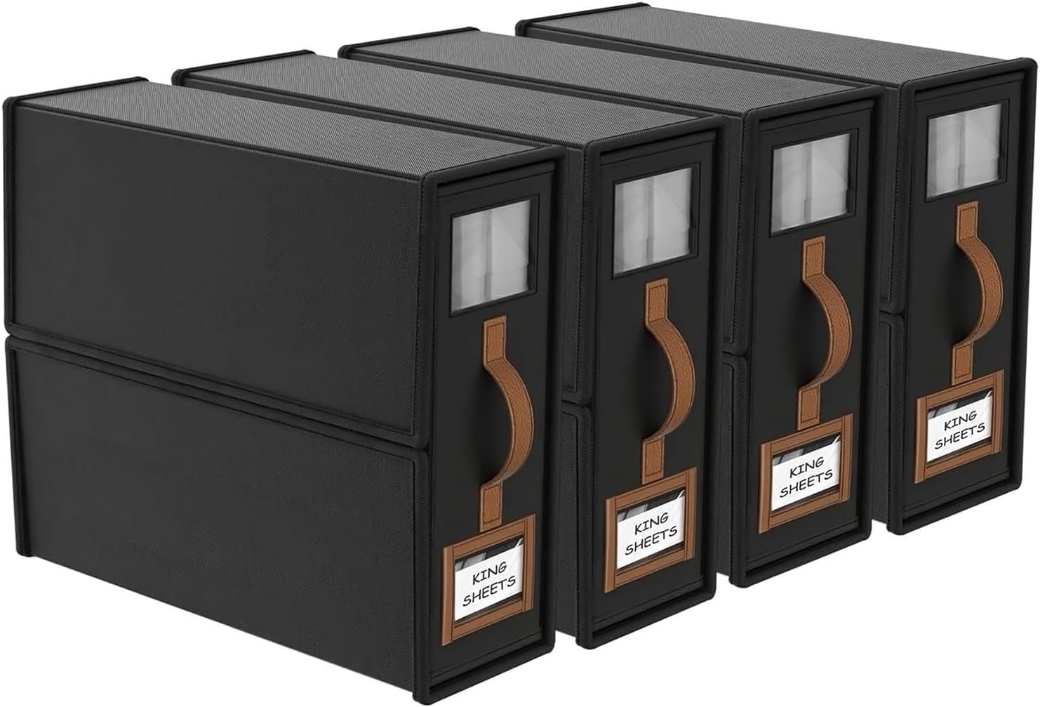 CARLA HOME Bed Sheet Organizer Set of 4 with Handle & Window for Covers, Pillowcases, Blankets, Clothes & Sheets Black