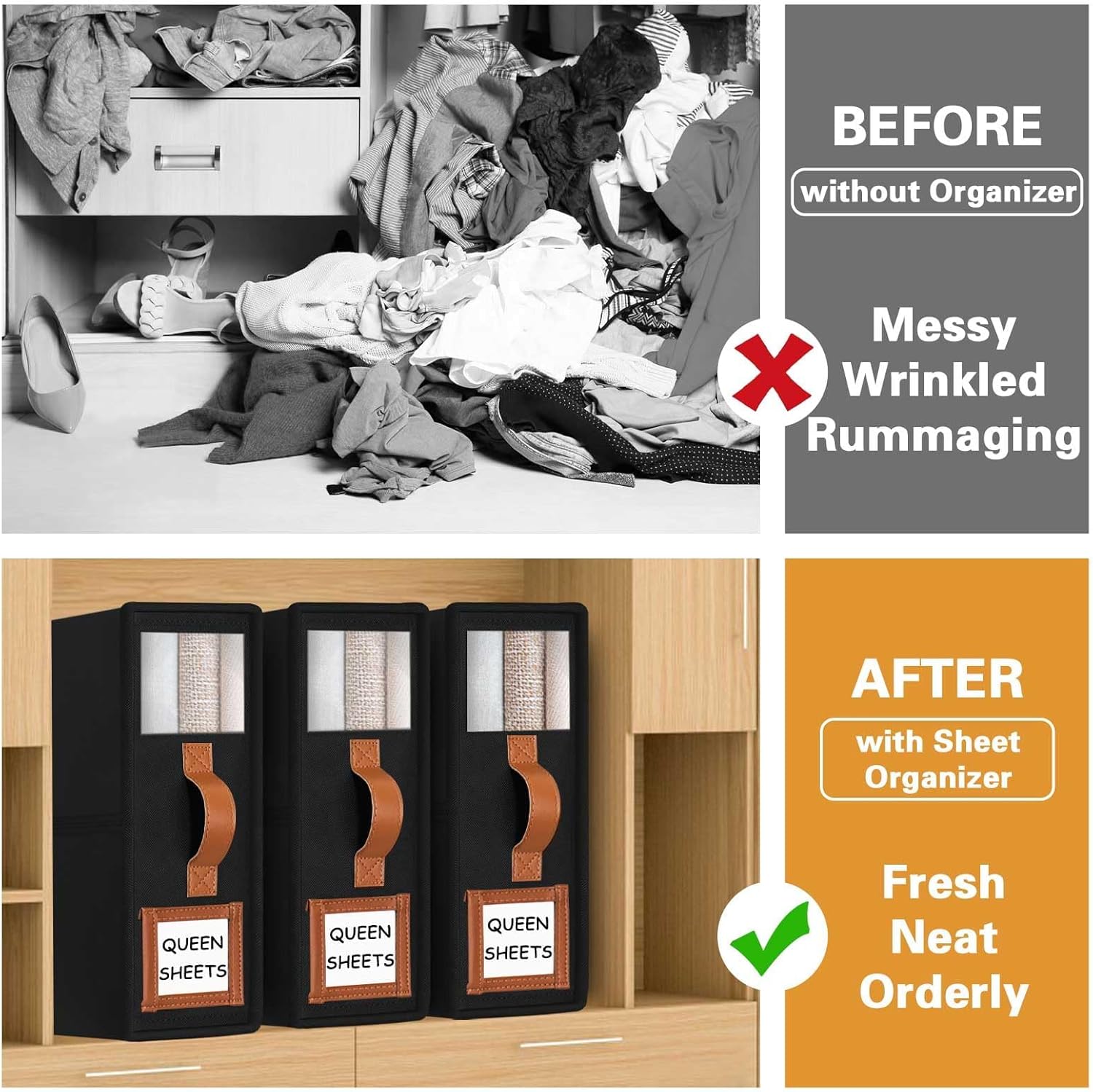 CARLA HOME Bed Sheet Organizer Set of 4 with Handle & Window for Covers, Pillowcases, Blankets, Clothes & Sheets Black