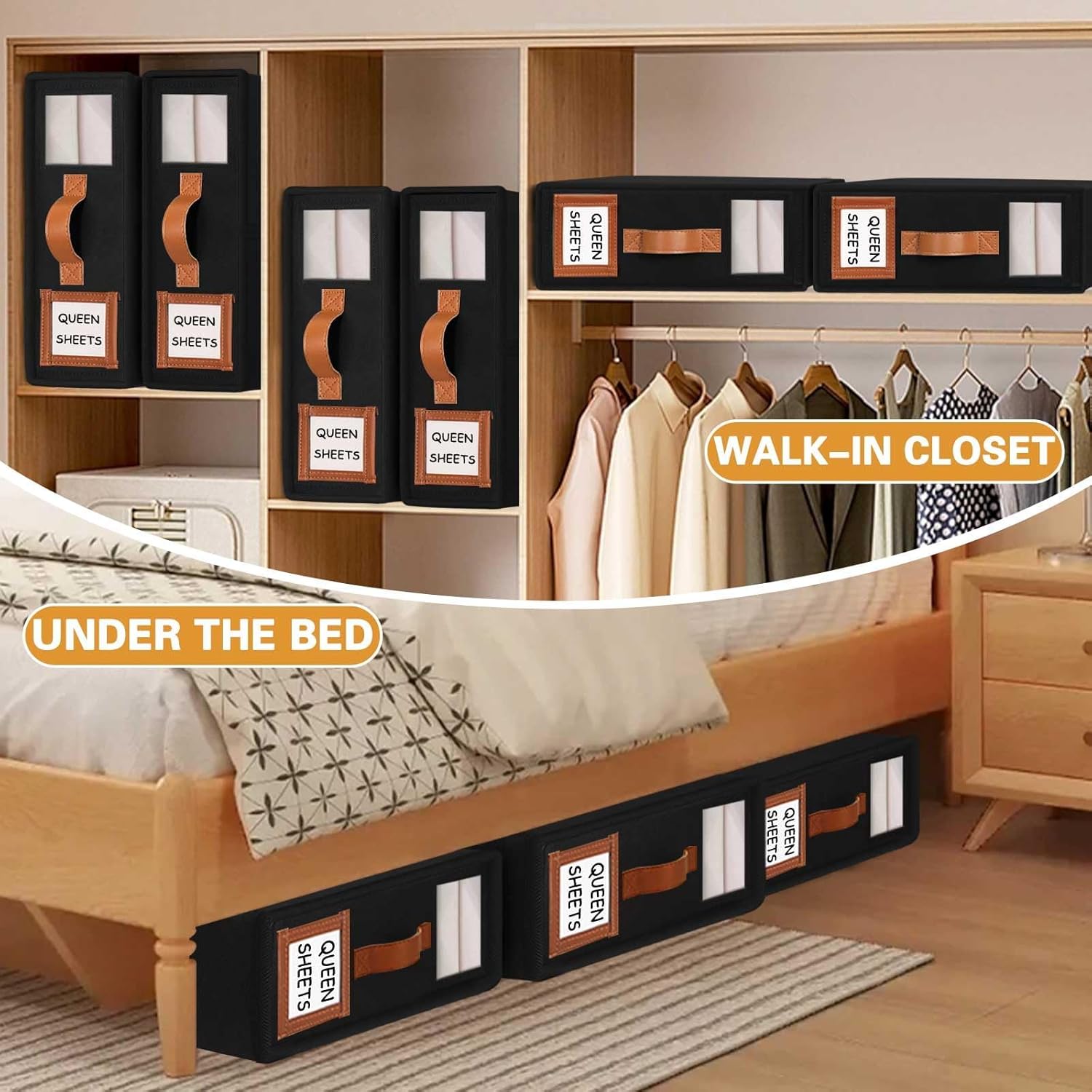 CARLA HOME Bed Sheet Organizer Set of 4 with Handle & Window for Covers, Pillowcases, Blankets, Clothes & Sheets Black