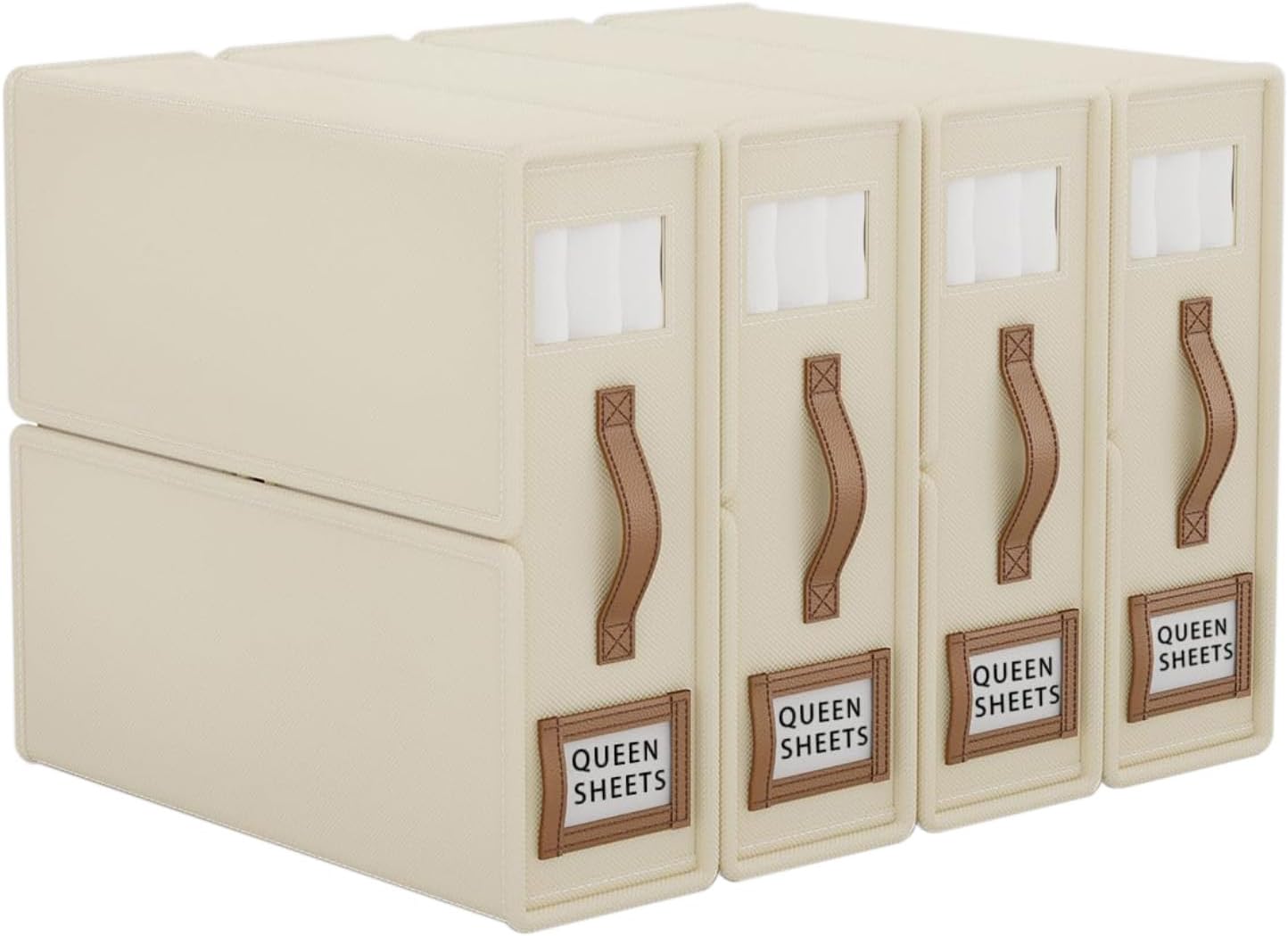 CARLA HOME Bed Sheet Organizer Set of 4 with Handle & Window for Covers, Pillowcases, Blankets, Clothes & Sheets Beige