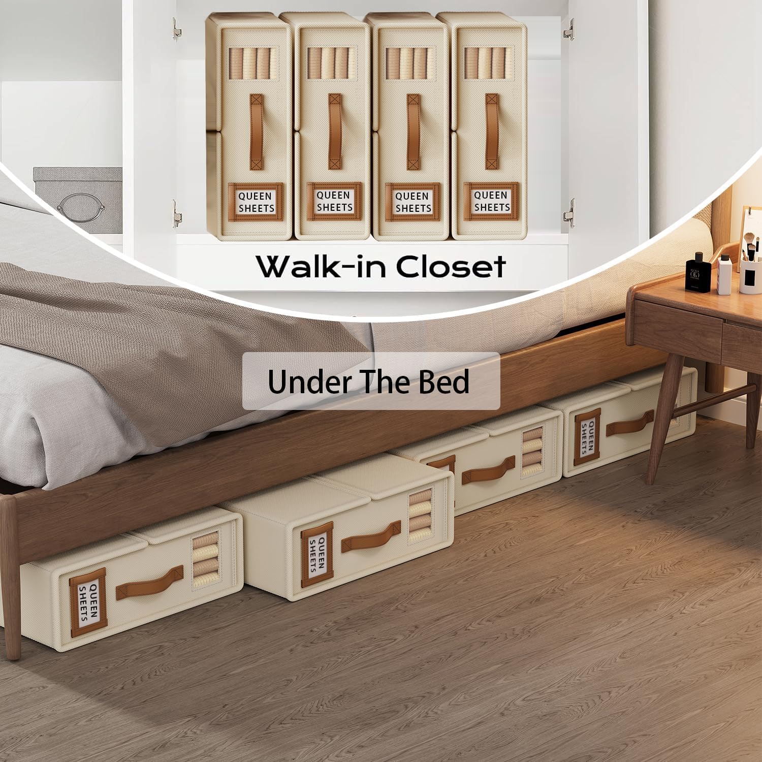 CARLA HOME Bed Sheet Organizer Set of 4 with Handle & Window for Covers, Pillowcases, Blankets, Clothes & Sheets Beige