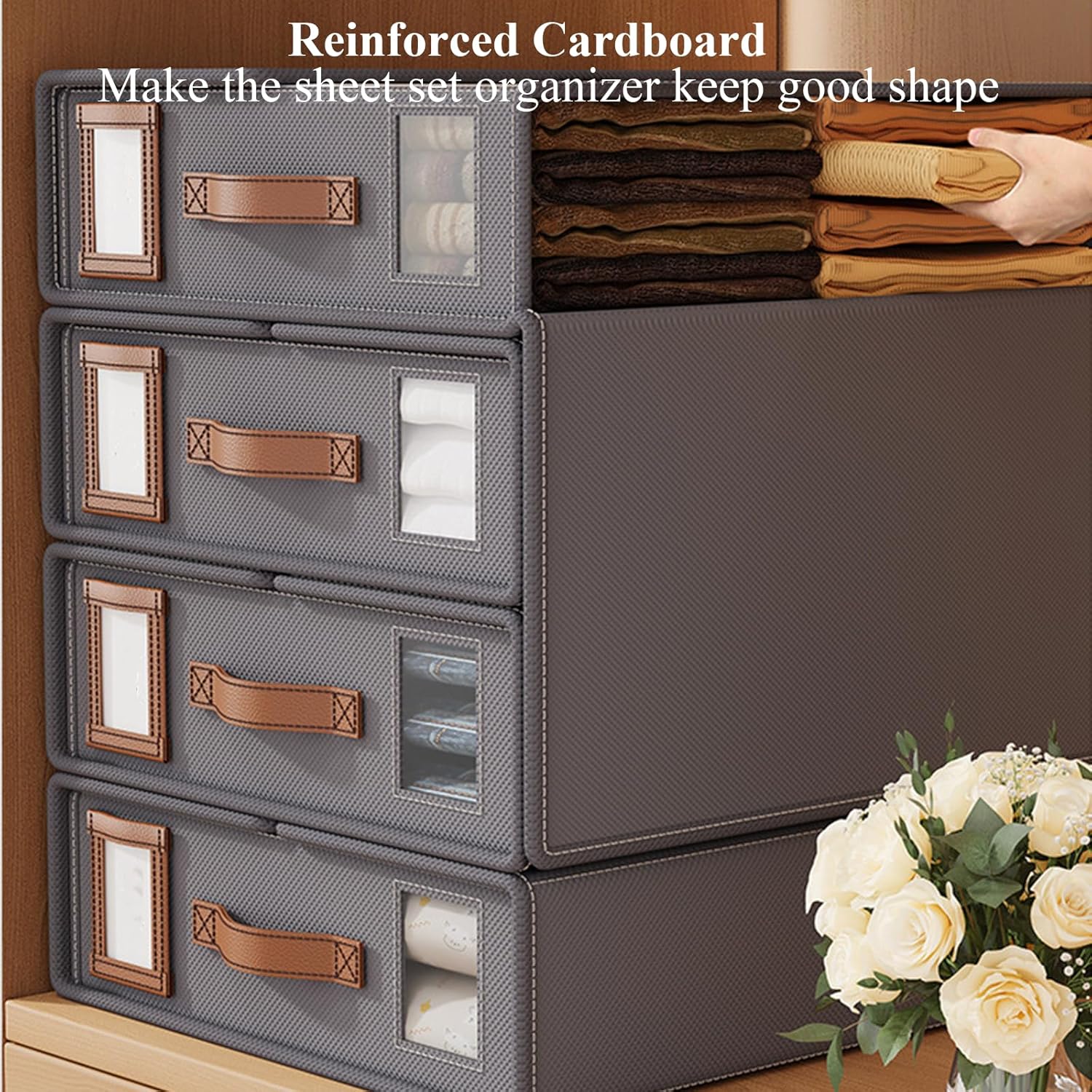 CARLA HOME Bed Sheet Organizer Set of 4 with Handle & Window for Covers, Pillowcases, Blankets, Clothes & Sheets Beige