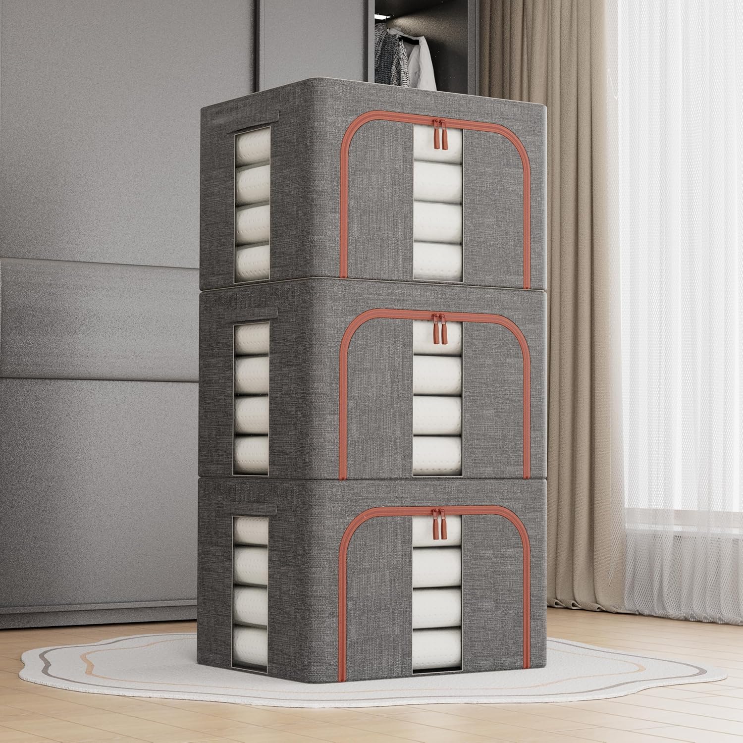 CARLA HOME 3 pack Large Clothes Storage Bins with Lids for Clothing, Bedding, Blankets, Toys 66L capacity - Grey