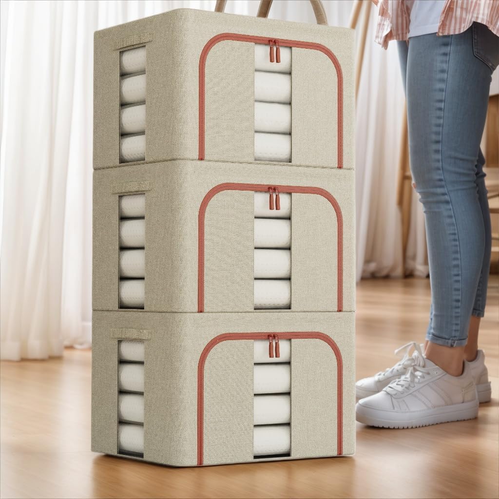 CARLA HOME 3 pack Large Clothes Storage Bins with Lids for Clothing, Bedding, Blankets, Toys 66L capacity - Beige
