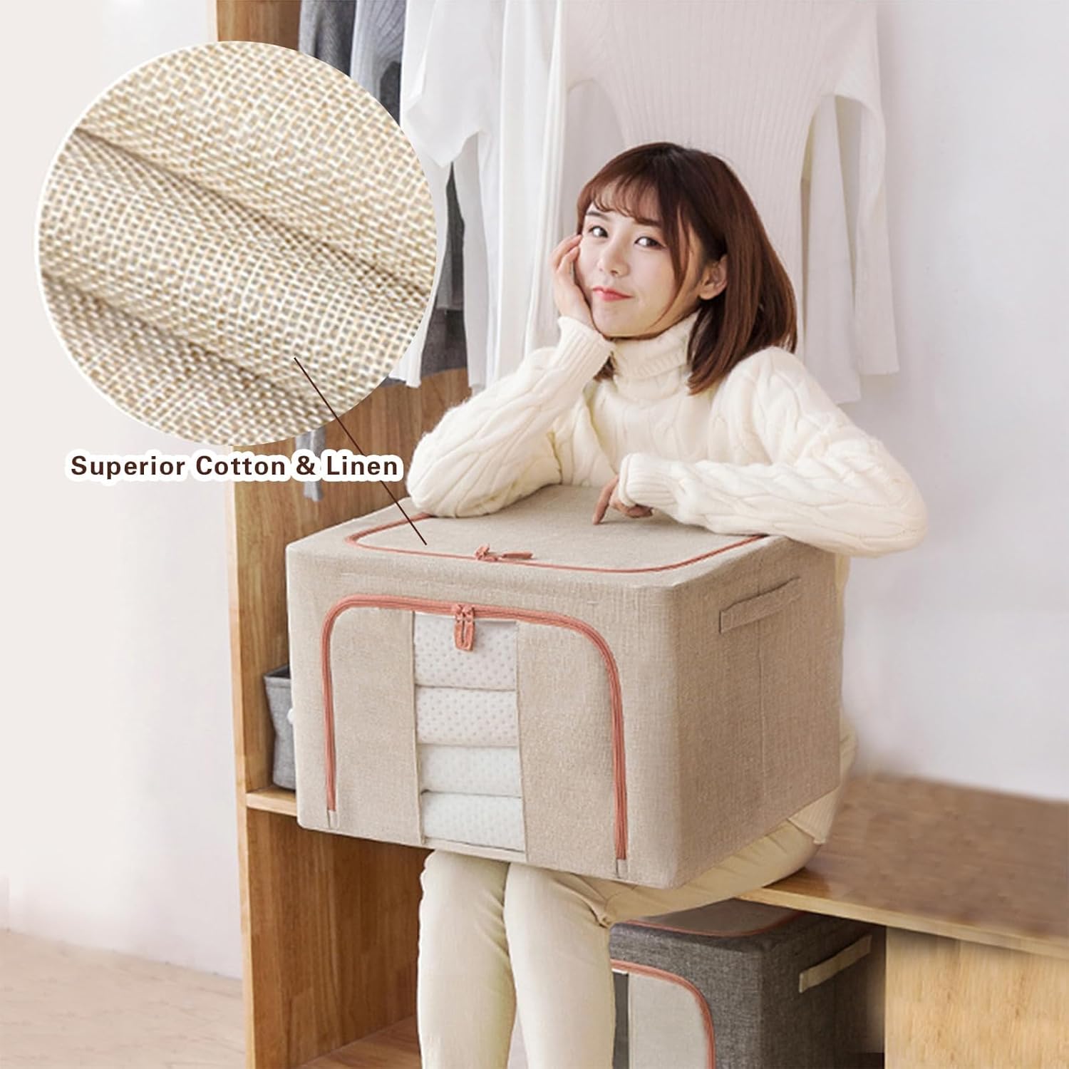 CARLA HOME 3 pack Large Clothes Storage Bins with Lids for Clothing, Bedding, Blankets, Toys 66L capacity - Beige