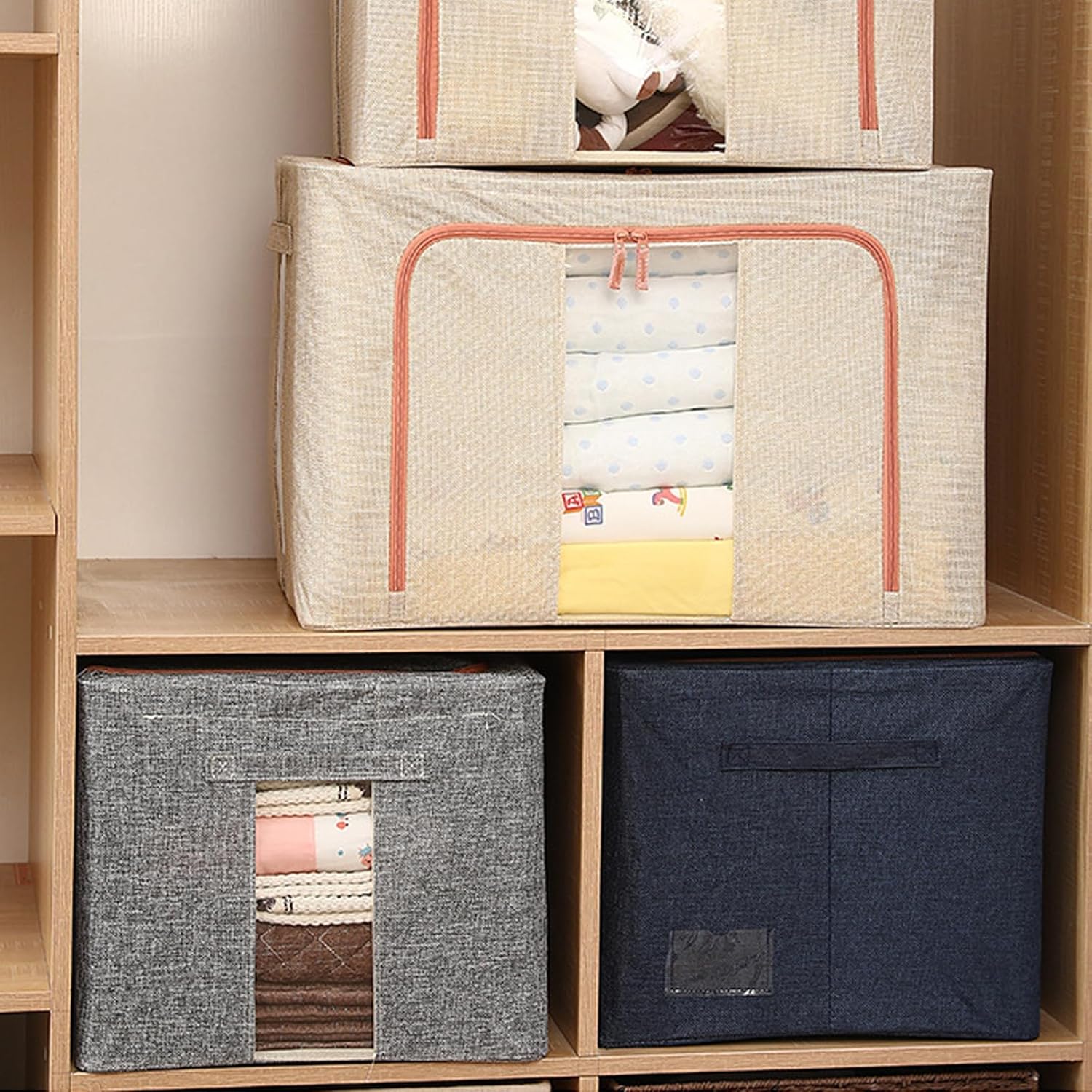 CARLA HOME 3 pack Large Clothes Storage Bins with Lids for Clothing, Bedding, Blankets, Toys 66L capacity - Beige