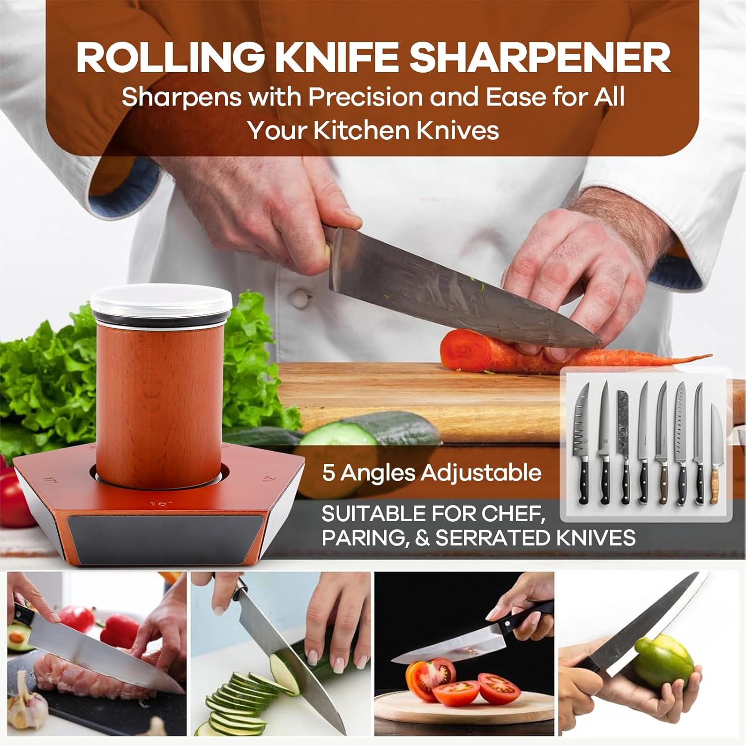 CARLA HOME Rolling Knife Sharpener Kit with 5 Magnetic Angles 12°/15°/17°/19°/22° for Chef & Home Kitchen Use
