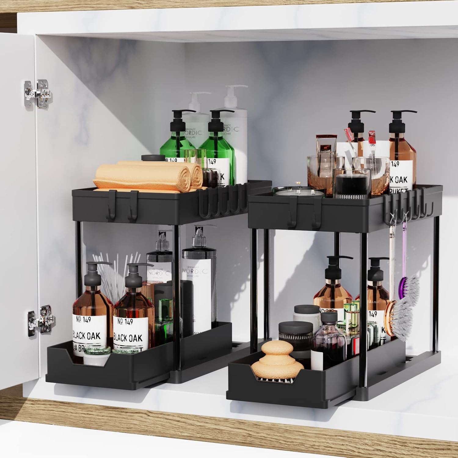 CARLA HOME 2 Pack Under Sink Organizer with Pull-Out Basket and Hooks for Bathroom & Kitchen