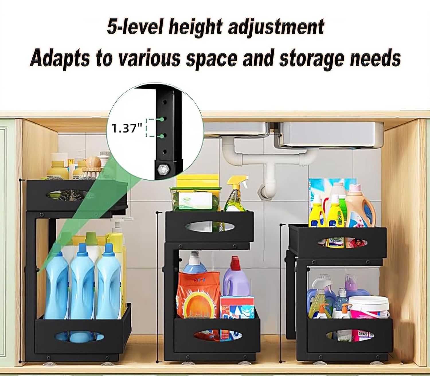 CARLA HOME 2 Tier Under Sink Organizer Pull Out Sliding Cabinet Storage Shelf with Height Adjustable for Kitchen, Bathroom or Laundry Room Black
