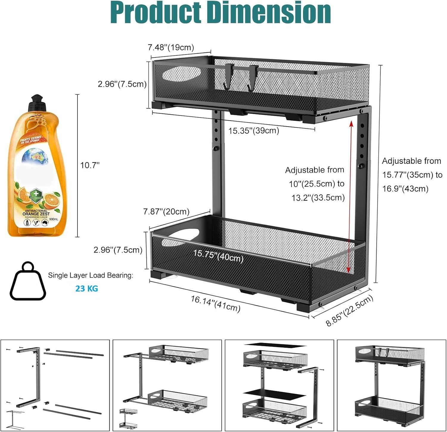 CARLA HOME 2 Tier Under Sink Organizer Pull Out Sliding Cabinet Storage Shelf with Height Adjustable for Kitchen, Bathroom or Laundry Room Black