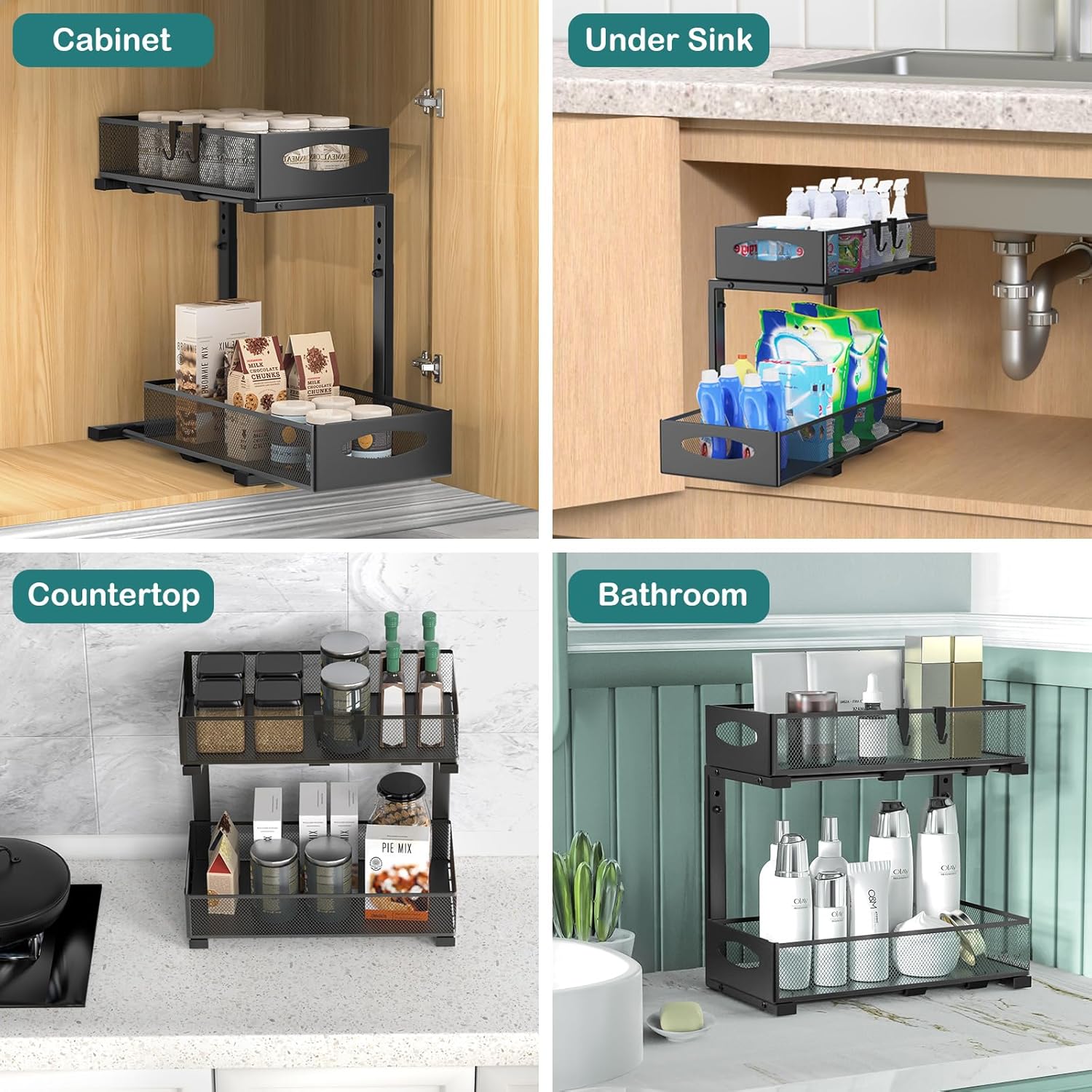 CARLA HOME 2 Tier Under Sink Organizer Pull Out Sliding Cabinet Storage Shelf with Height Adjustable for Kitchen, Bathroom or Laundry Room Black