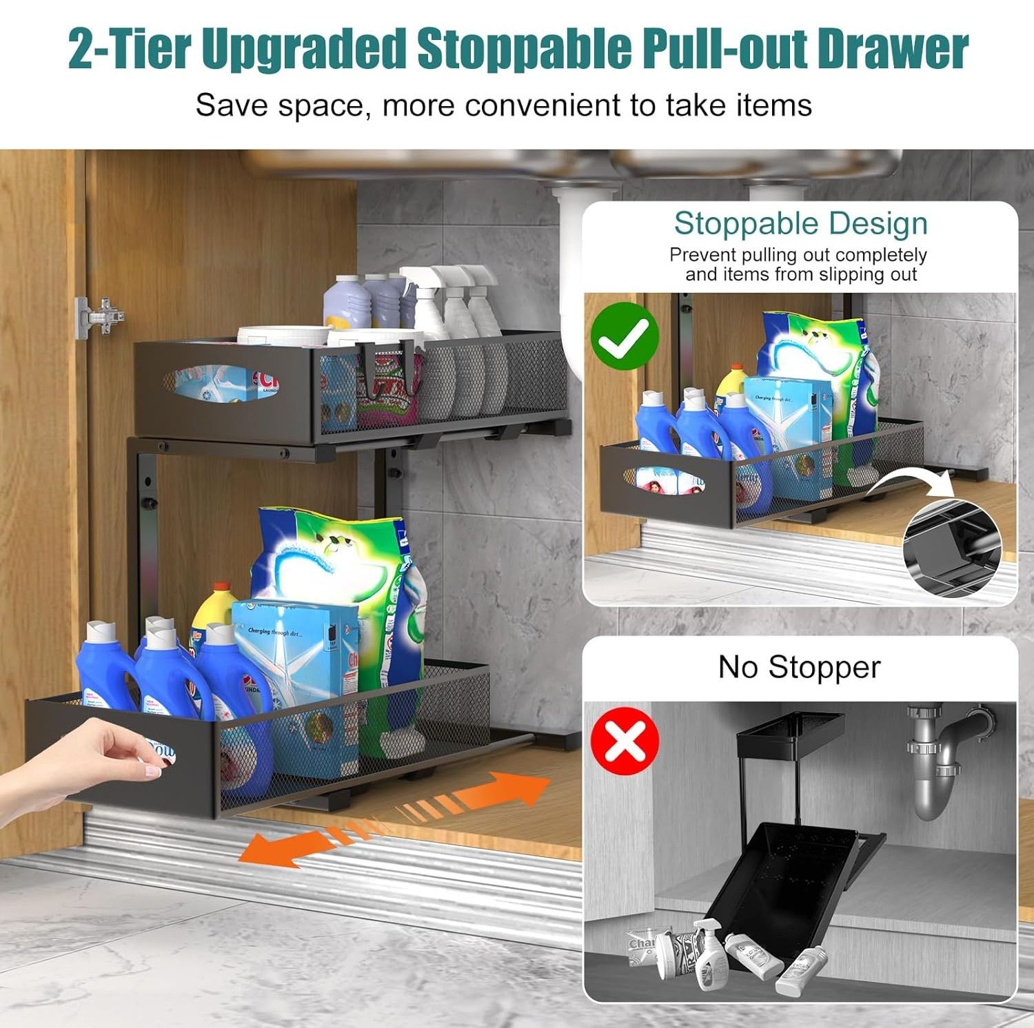 CARLA HOME 2 Pack Under Sink Organizer Pull Out Sliding Cabinet Storage Shelf with Height Adjustable for Kitchen, Bathroom or Laundry Room Black