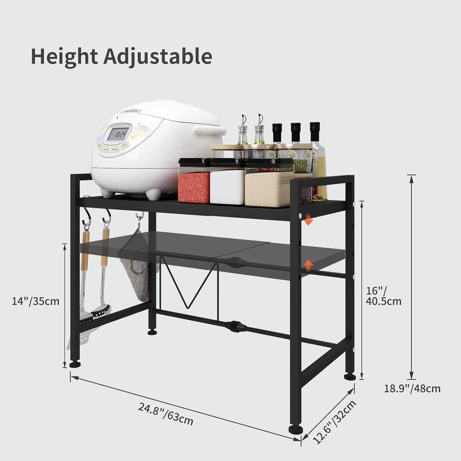 CARLA HOME 2-Tier Microwave Oven Rack with Adjustable Metal Kitchen Shelf Stand for Countertop Storage and 6 Hooks for Utensils Black