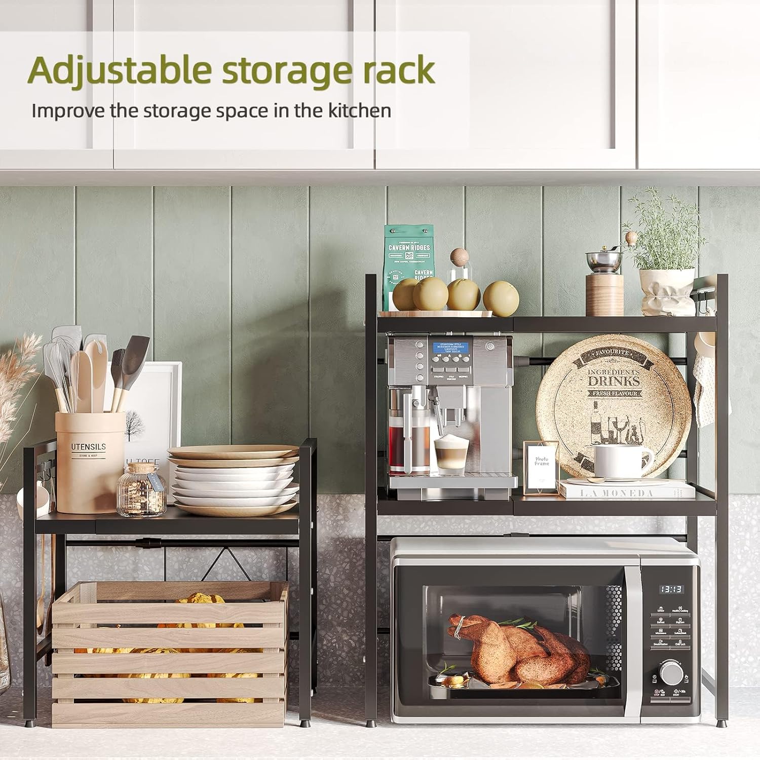 CARLA HOME 2-Tier Microwave Oven Rack with Adjustable Metal Kitchen Shelf Stand for Countertop Storage and 6 Hooks for Utensils Black