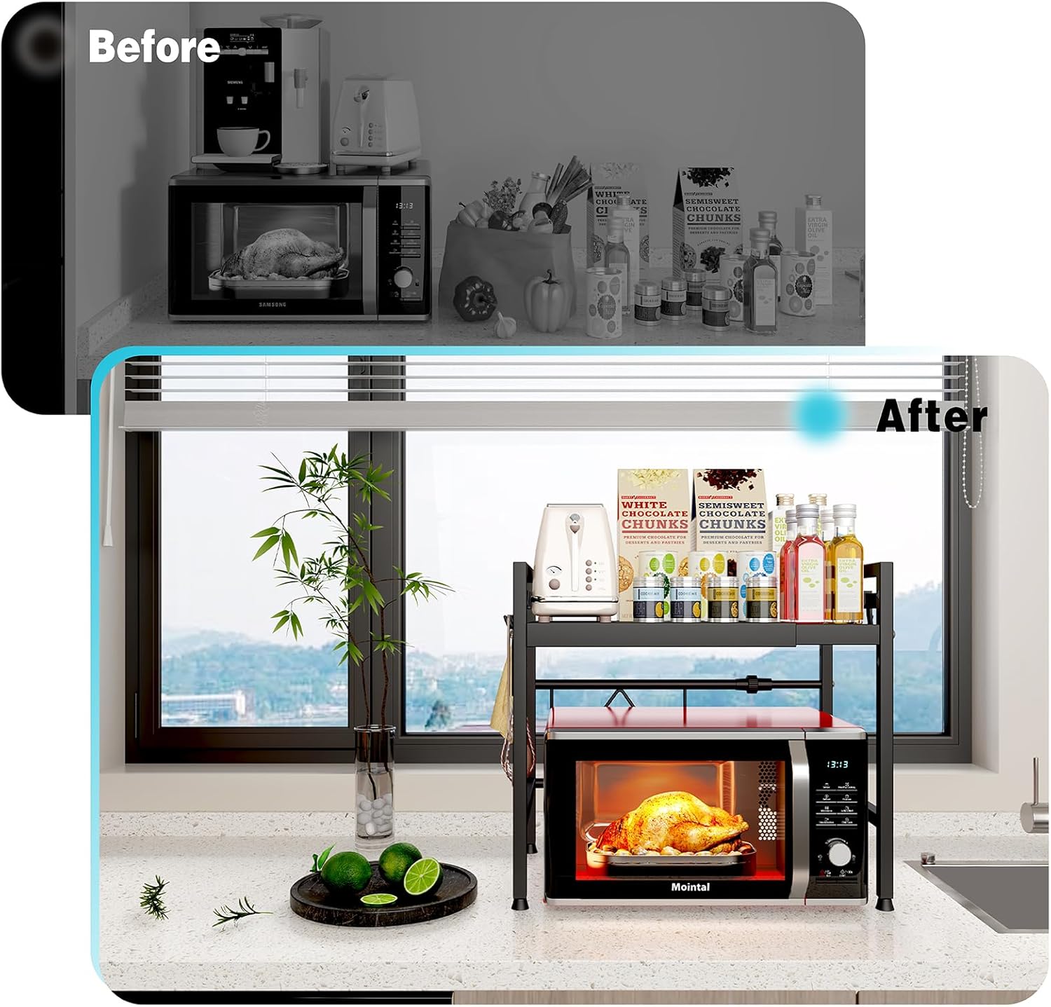 CARLA HOME 2-Tier Microwave Oven Rack with Adjustable Metal Kitchen Shelf Stand for Countertop Storage and 6 Hooks for Utensils Black