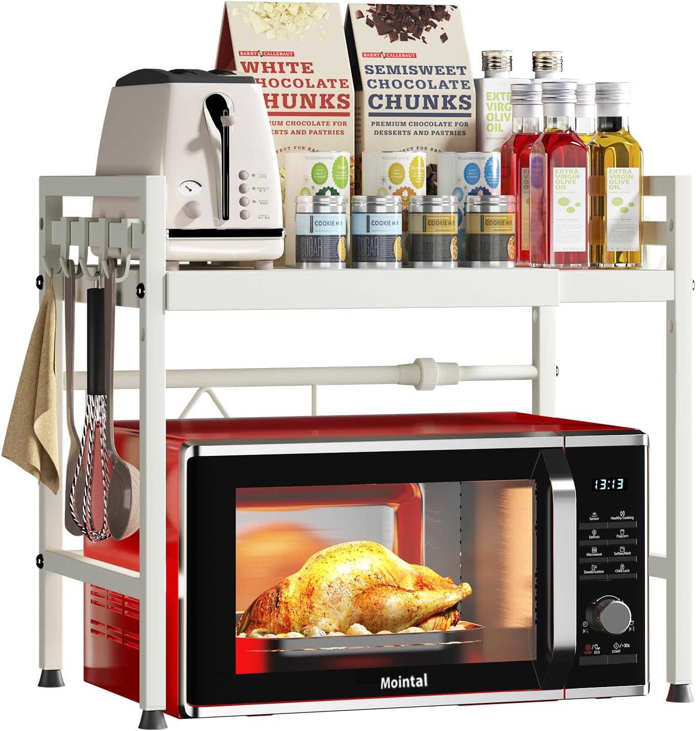 CARLA HOME 2-Tier Microwave Oven Rack with Adjustable Metal Kitchen Shelf Stand for Countertop Storage and 6 Hooks for Utensils White