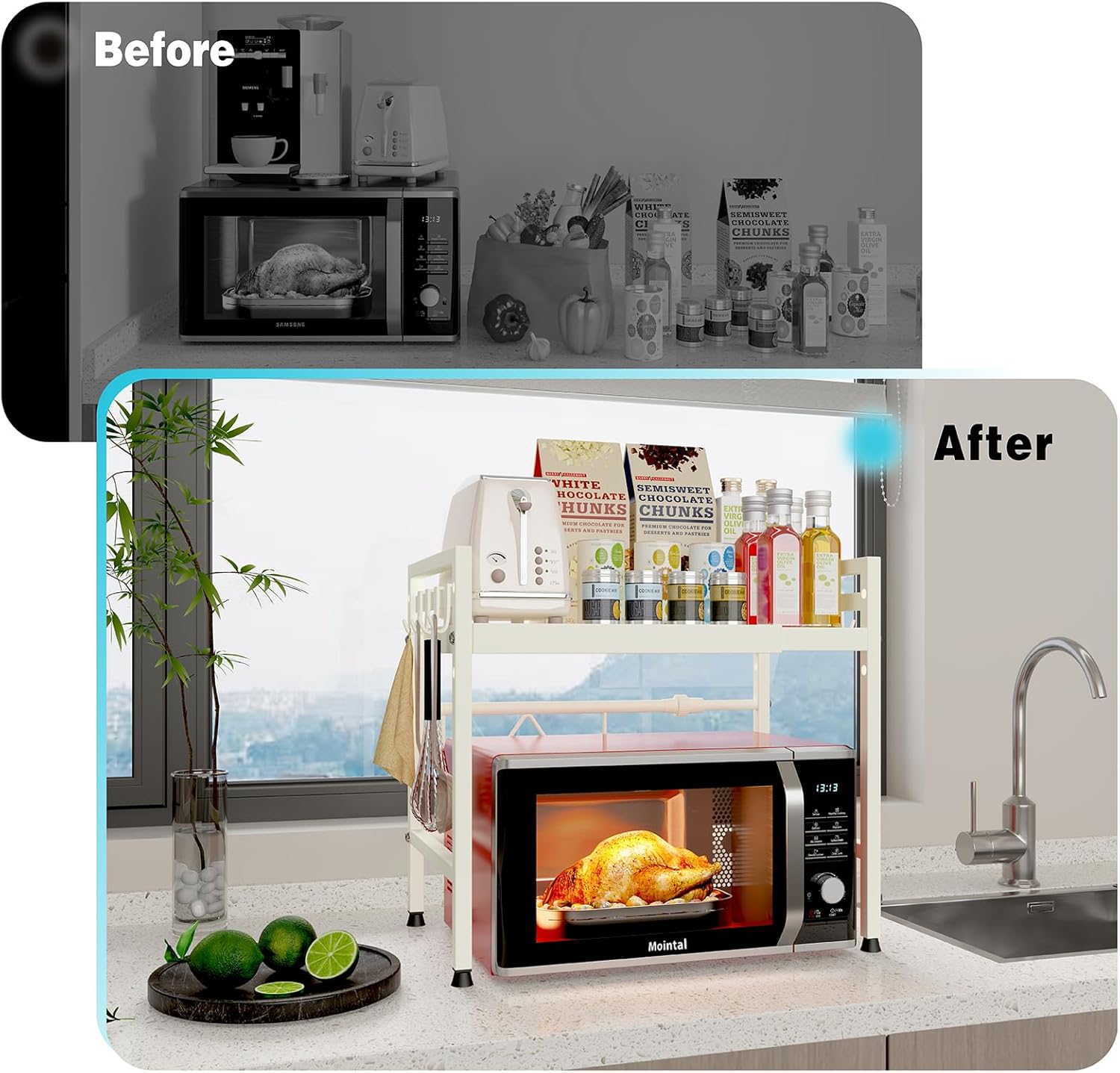CARLA HOME 2-Tier Microwave Oven Rack with Adjustable Metal Kitchen Shelf Stand for Countertop Storage and 6 Hooks for Utensils White