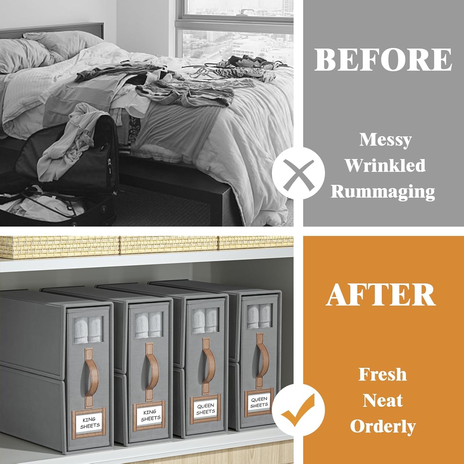 CARLA HOME Bed Sheet Organizer Set of 8 with Handle & Window for Covers, Pillowcases, Blankets, Clothes & Sheets Grey