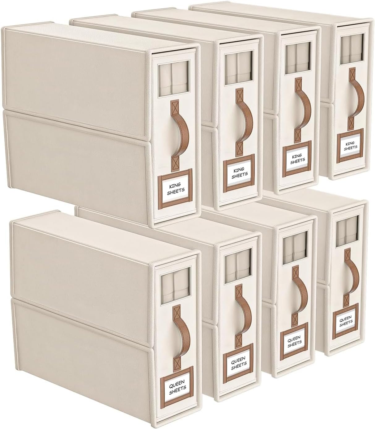 CARLA HOME Bed Sheet Organizer Set of 8 with Handle & Window for Covers, Pillowcases, Blankets, Clothes & Sheets Beige