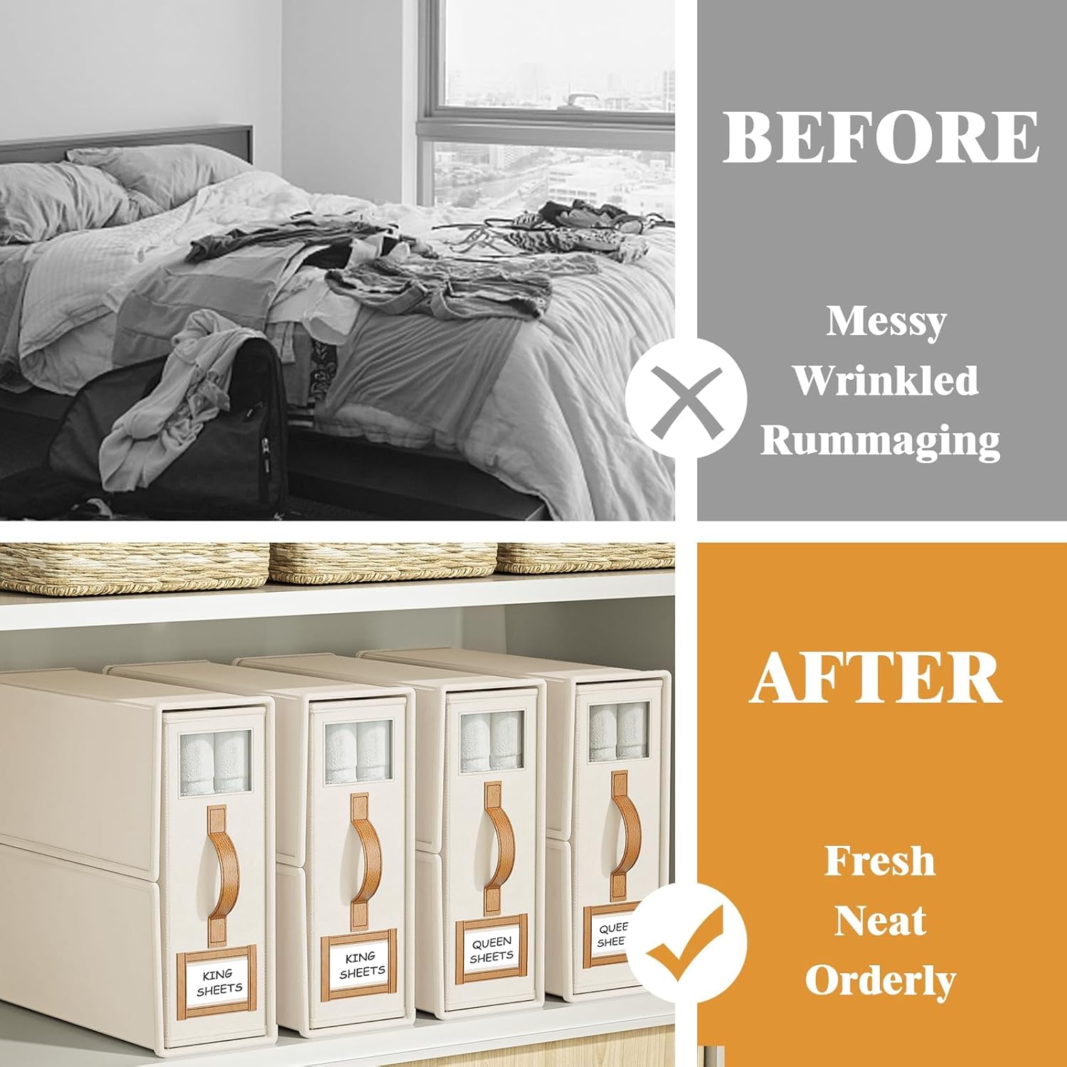 CARLA HOME Bed Sheet Organizer Set of 8 with Handle & Window for Covers, Pillowcases, Blankets, Clothes & Sheets Beige