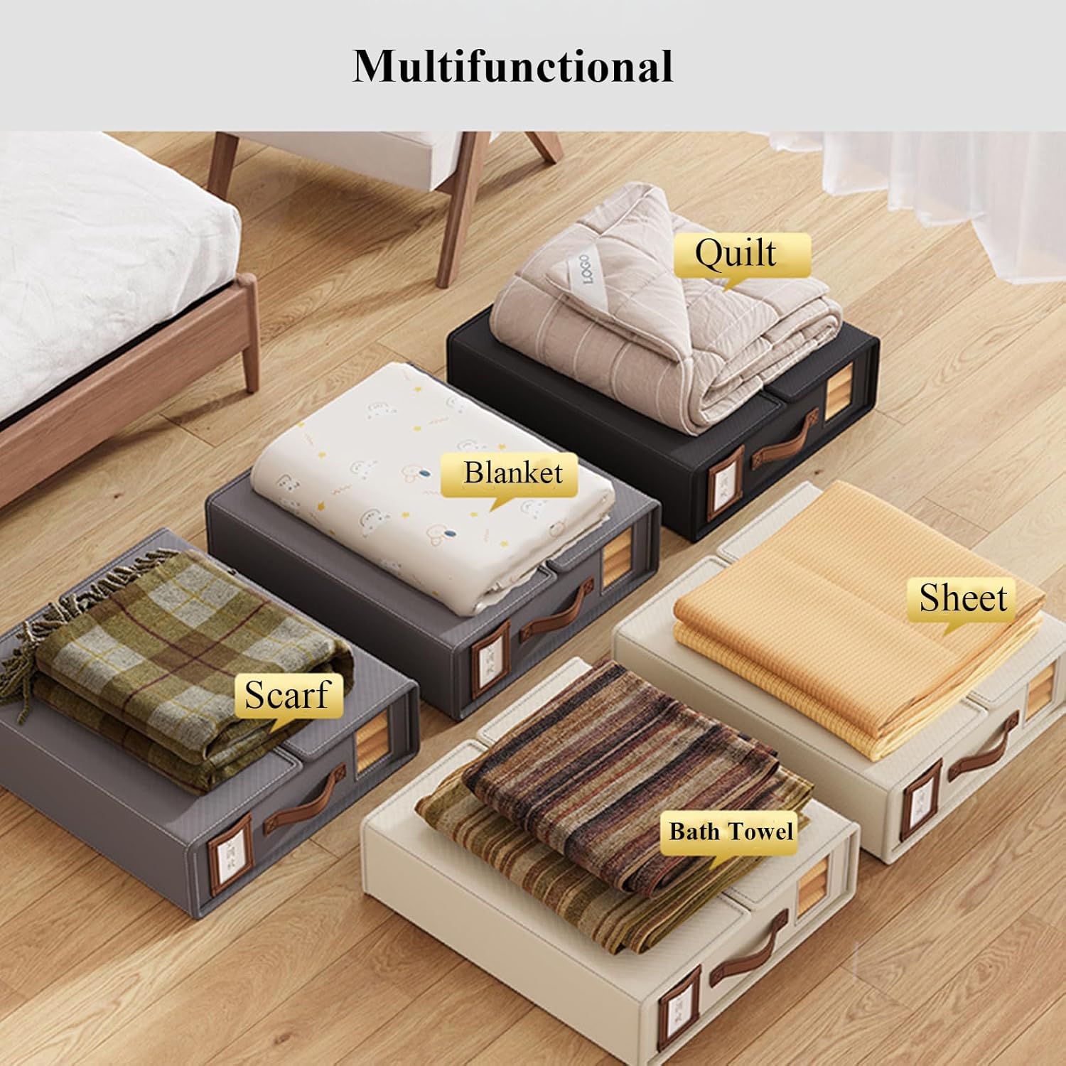 CARLA HOME Bed Sheet Organizer Set of 8 with Handle & Window for Covers, Pillowcases, Blankets, Clothes & Sheets Beige