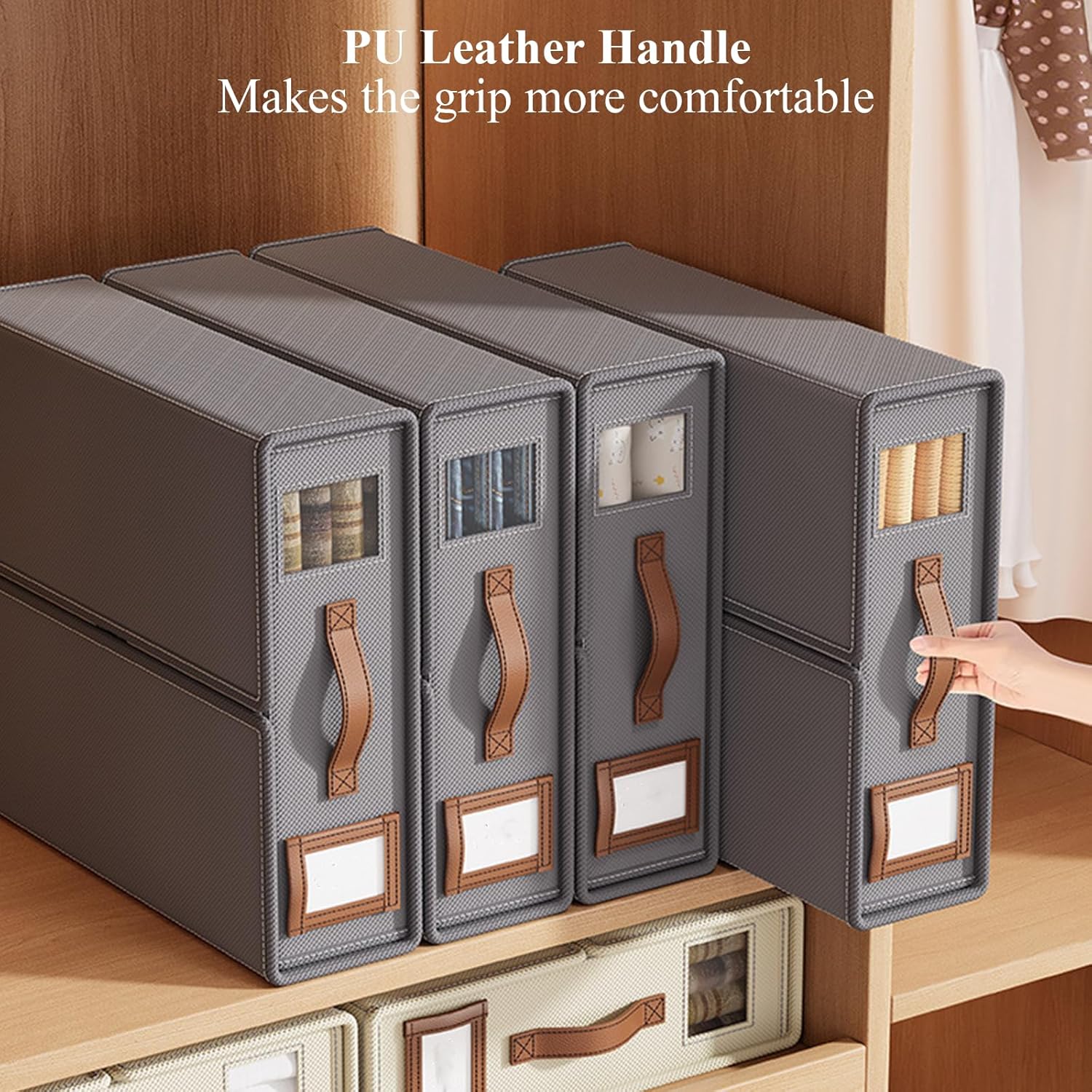 CARLA HOME Bed Sheet Organizer Set of 8 with Handle & Window for Covers, Pillowcases, Blankets, Clothes & Sheets Beige