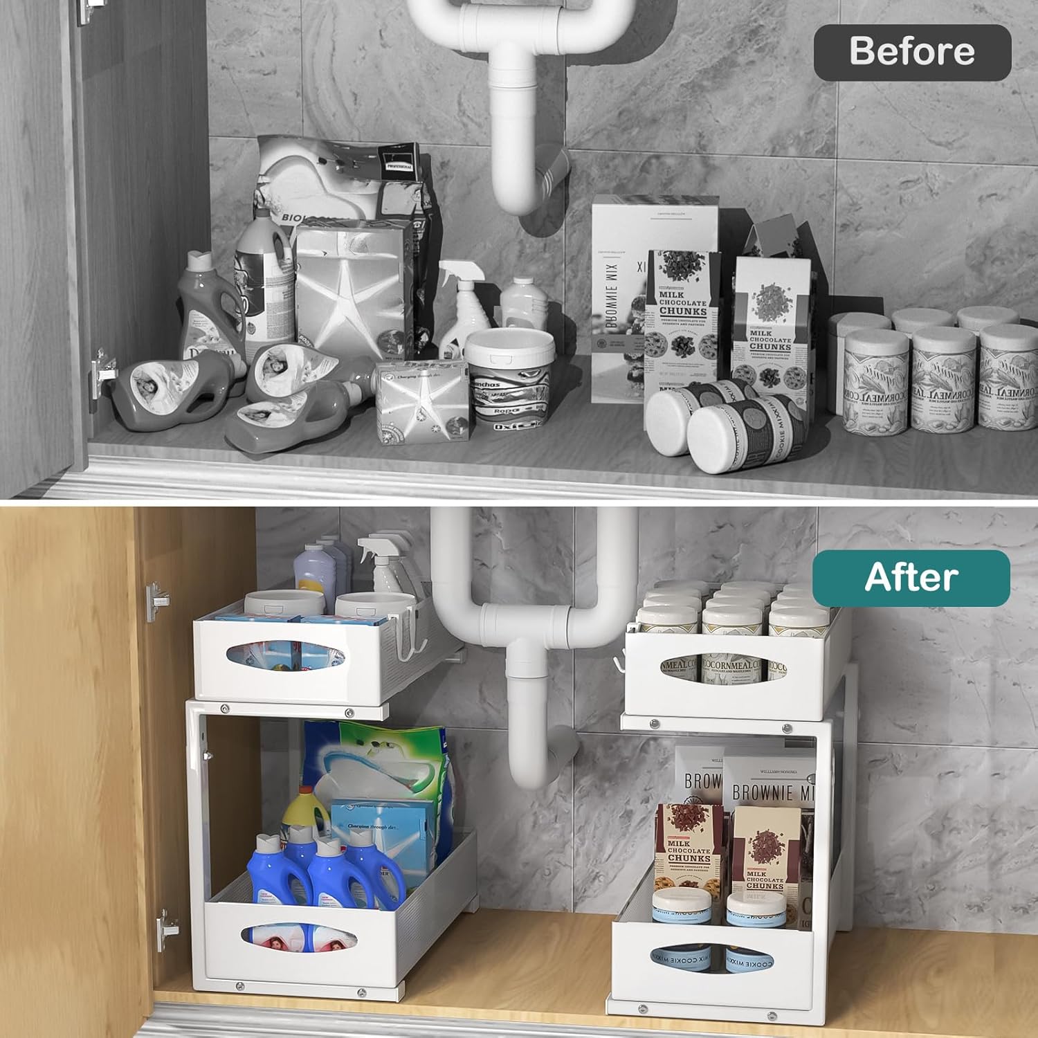 CARLA HOME 2 Tier Under Sink Organizer Pull Out Sliding Cabinet Storage Shelf with Height Adjustable for Kitchen, Bathroom or Laundry Room White