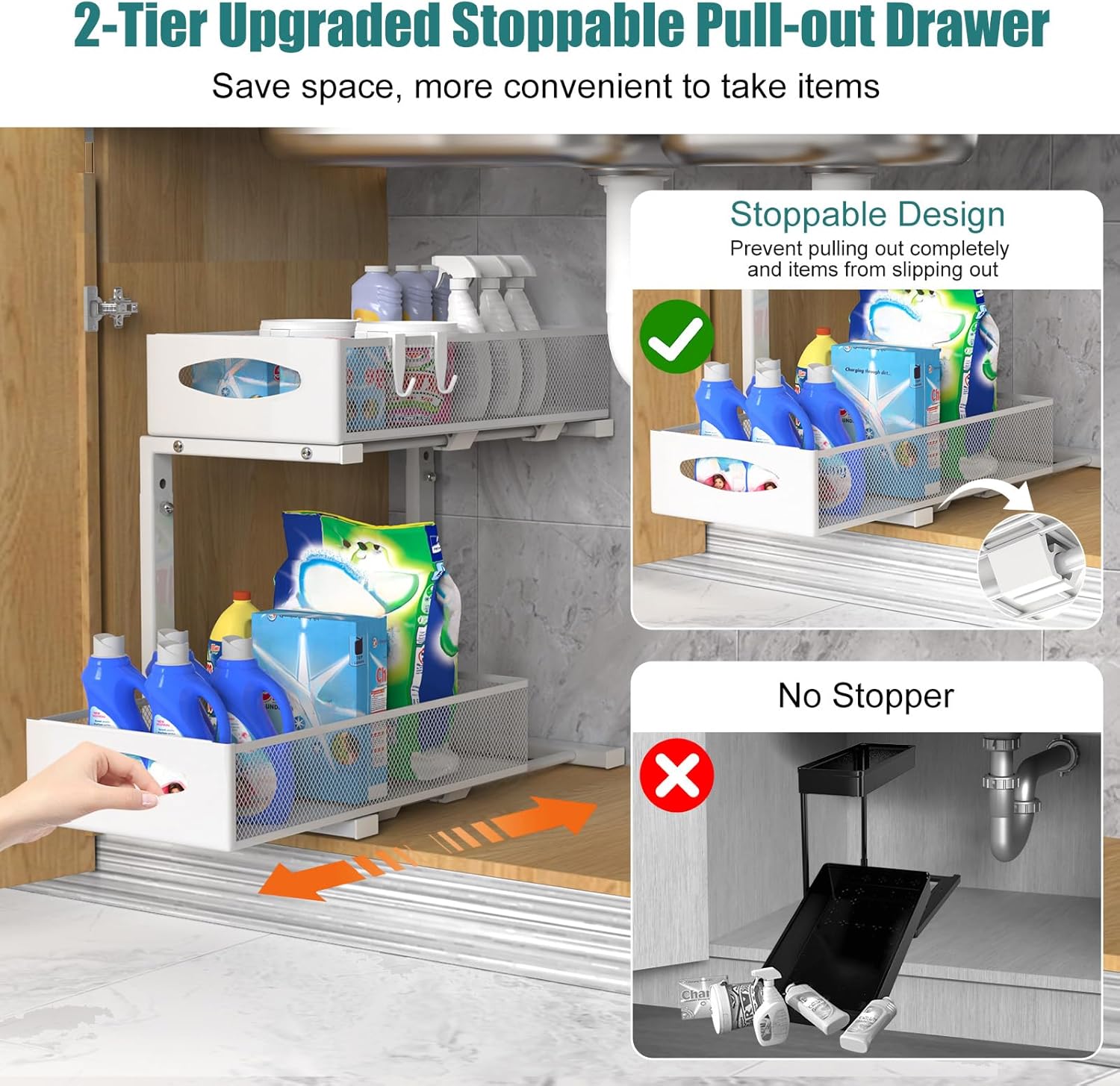 CARLA HOME 2 Tier Under Sink Organizer Pull Out Sliding Cabinet Storage Shelf with Height Adjustable for Kitchen, Bathroom or Laundry Room White