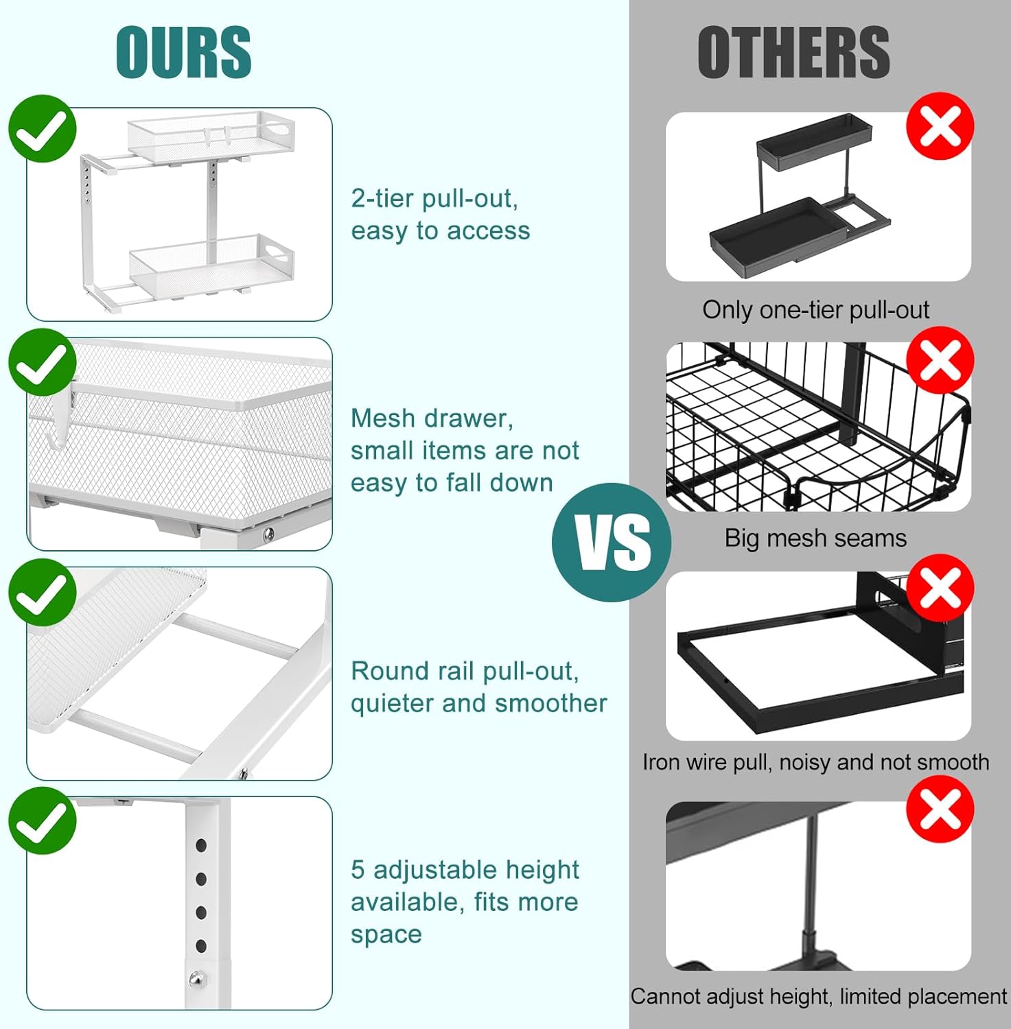 CARLA HOME 2 Tier Under Sink Organizer Pull Out Sliding Cabinet Storage Shelf with Height Adjustable for Kitchen, Bathroom or Laundry Room White
