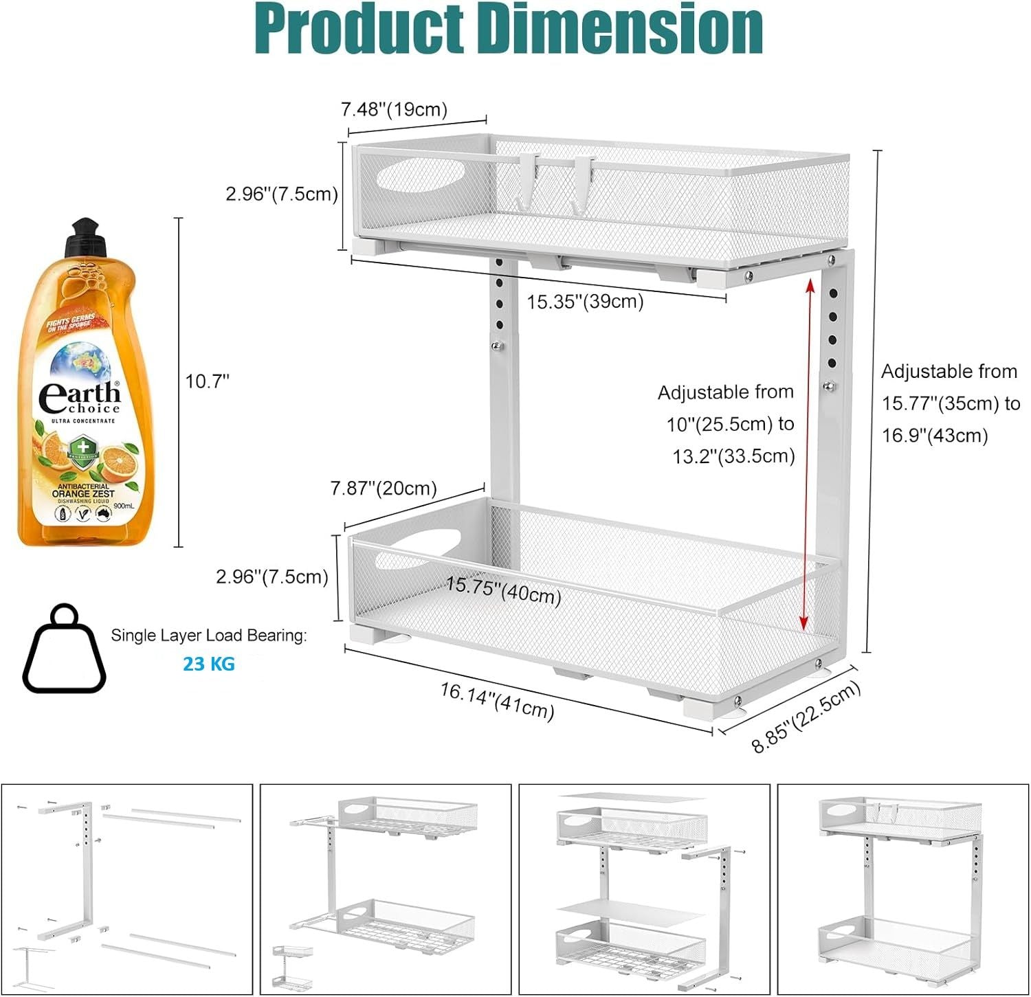 CARLA HOME 2 Tier Under Sink Organizer Pull Out Sliding Cabinet Storage Shelf with Height Adjustable for Kitchen, Bathroom or Laundry Room White