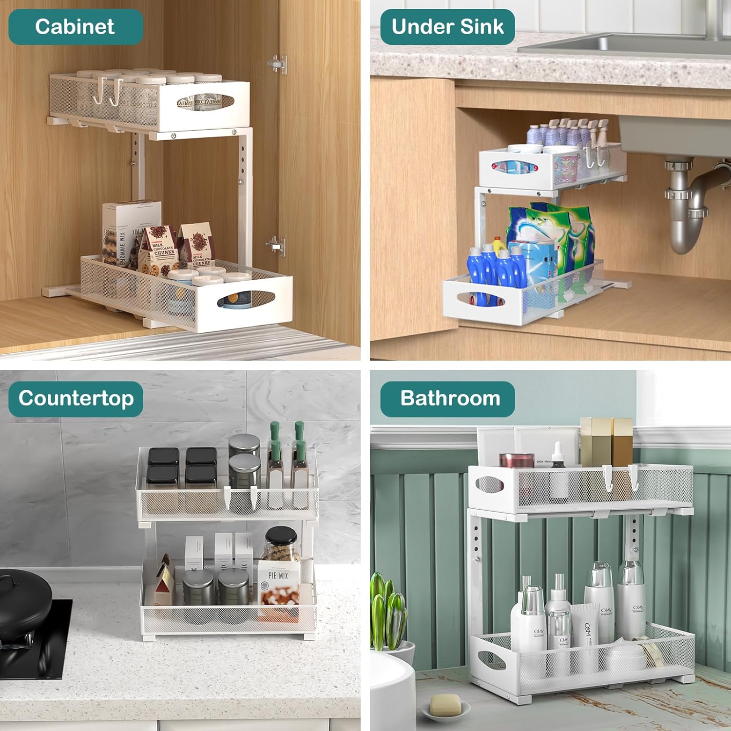 CARLA HOME 2 Tier Under Sink Organizer Pull Out Sliding Cabinet Storage Shelf with Height Adjustable for Kitchen, Bathroom or Laundry Room White