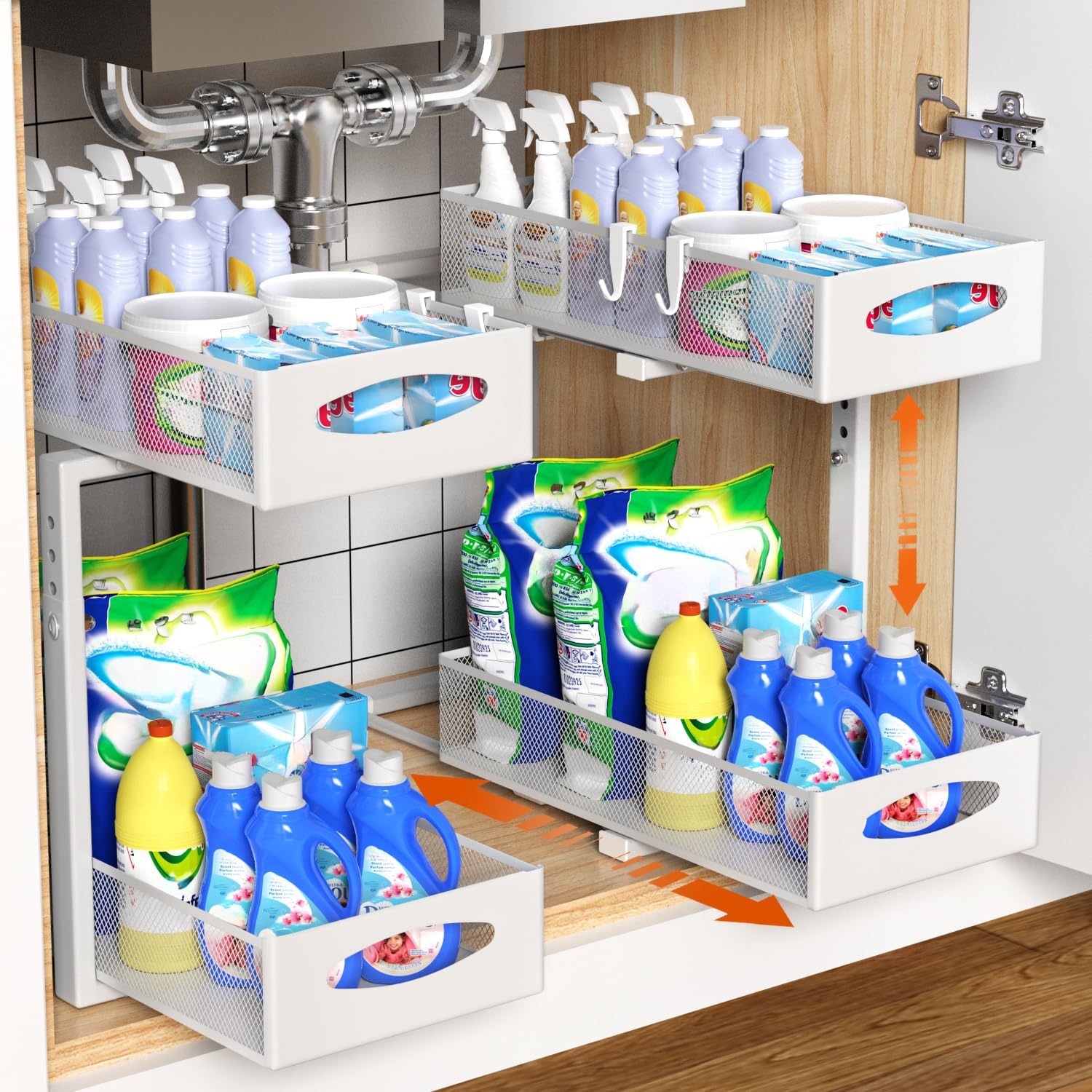 CARLA HOME 2 Pack Under Sink Organizer Pull Out Sliding Cabinet Storage Shelf with Height Adjustable for Kitchen, Bathroom or Laundry Room White