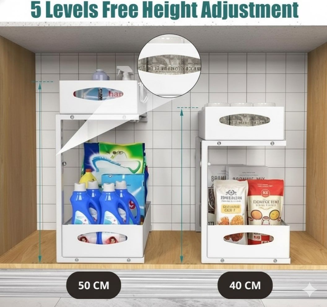 CARLA HOME 2 Pack Under Sink Organizer Pull Out Sliding Cabinet Storage Shelf with Height Adjustable for Kitchen, Bathroom or Laundry Room White