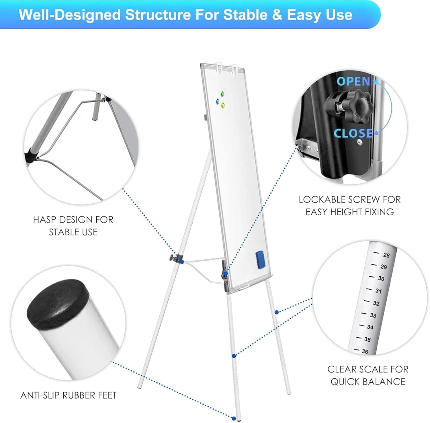 CARLA HOME Whiteboard Easel Portable Magnetic Dry Erase Board with Adjustable Tripod Stand & Height Adjustable for Office & Home 90x60cm
