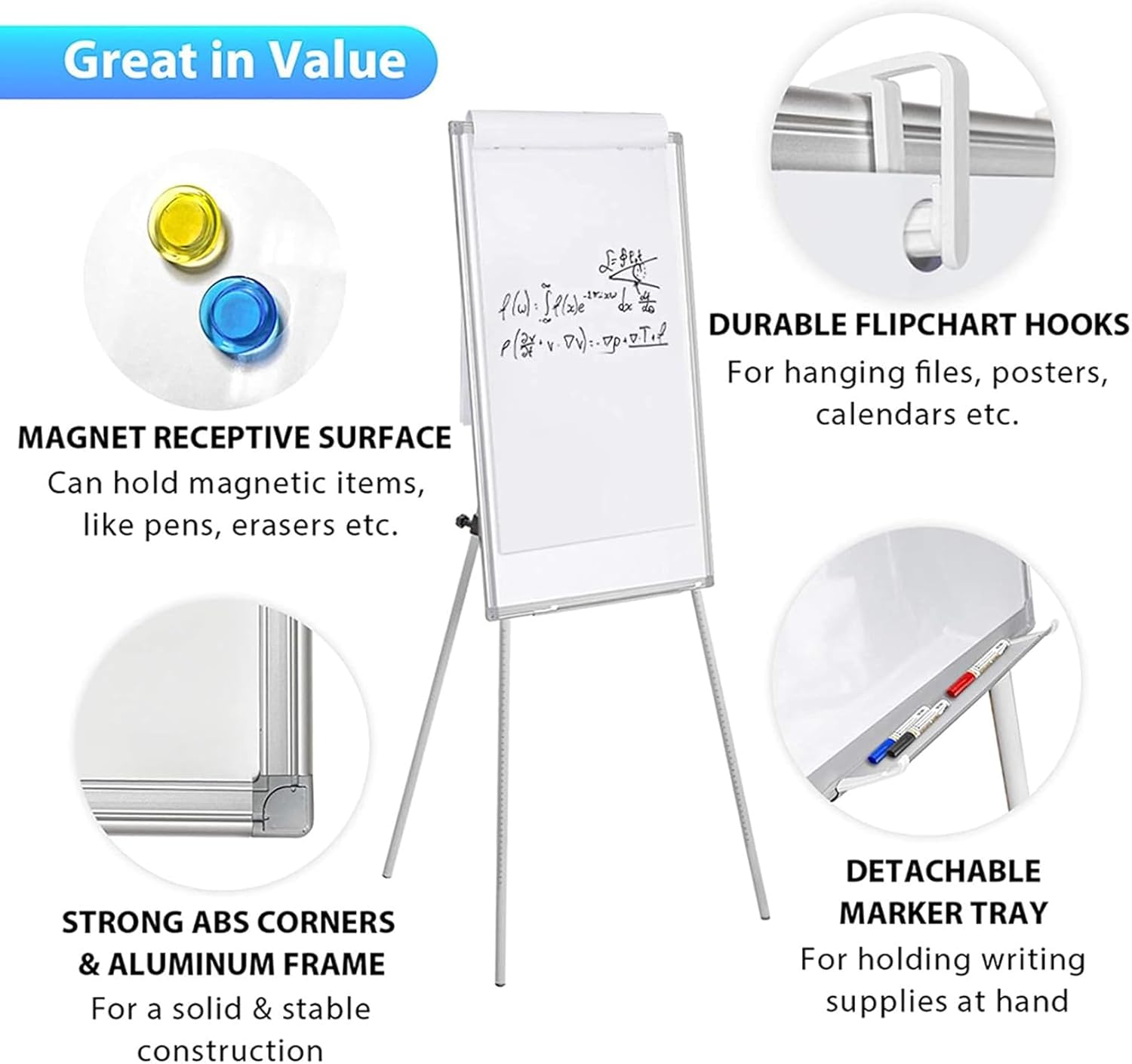 CARLA HOME Whiteboard Easel Portable Magnetic Dry Erase Board with Adjustable Tripod Stand & Height Adjustable for Office & Home 90x60cm