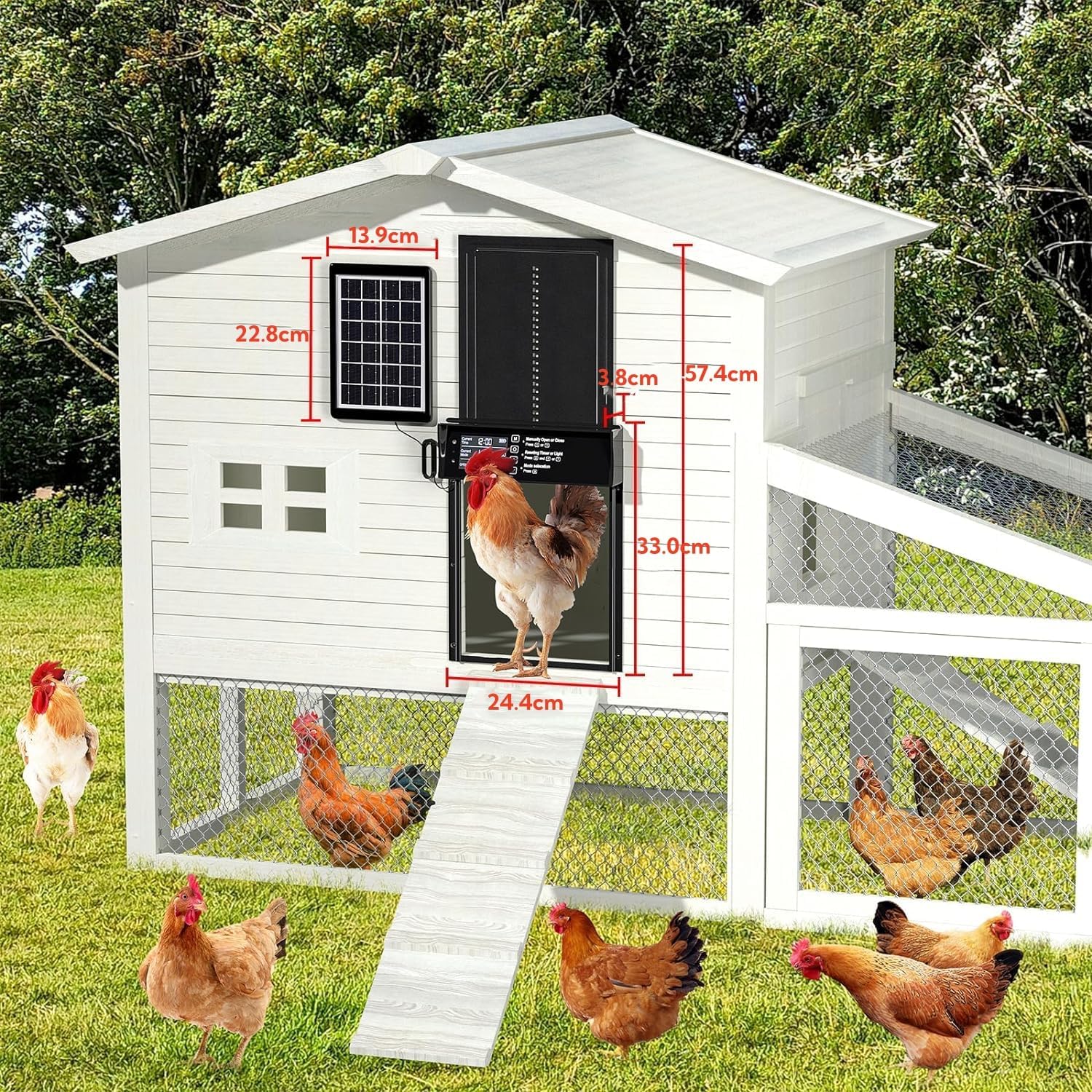 CARLA HOME Automatic Chicken Coop Door Solar Powered with 4 Mode Timer & Light Sensor, Anti-Pinch & USB Charging Port