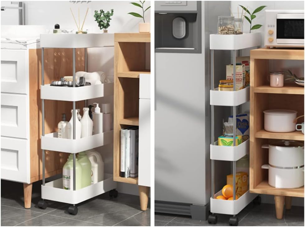 CARLA HOME Slim Storage Cart Organizer Trolley with Wheels for Kitchen, Bathroom, Laundry & Narrow Spaces 4 tier