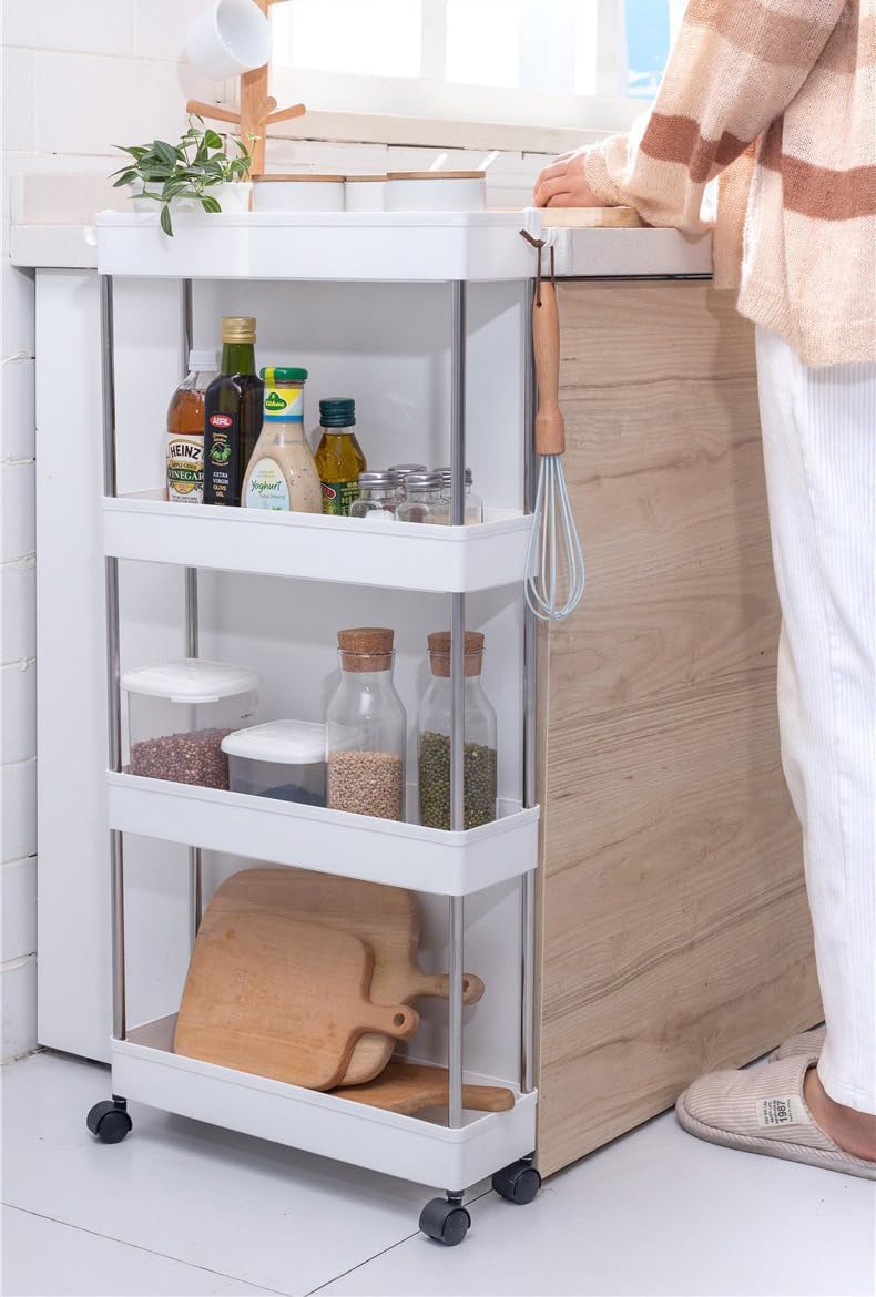 CARLA HOME Slim Storage Cart Organizer Trolley with Wheels for Kitchen, Bathroom, Laundry & Narrow Spaces 4 tier