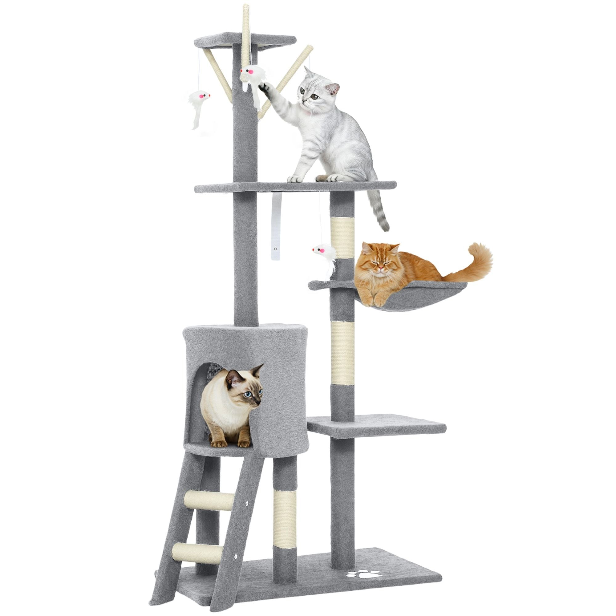 CARLA HOME 134cm Cat Tree for Indoor Cats with Hammock, Plush Perch & Sisal Scratching Posts for Kittens & Adult Cats Light Grey