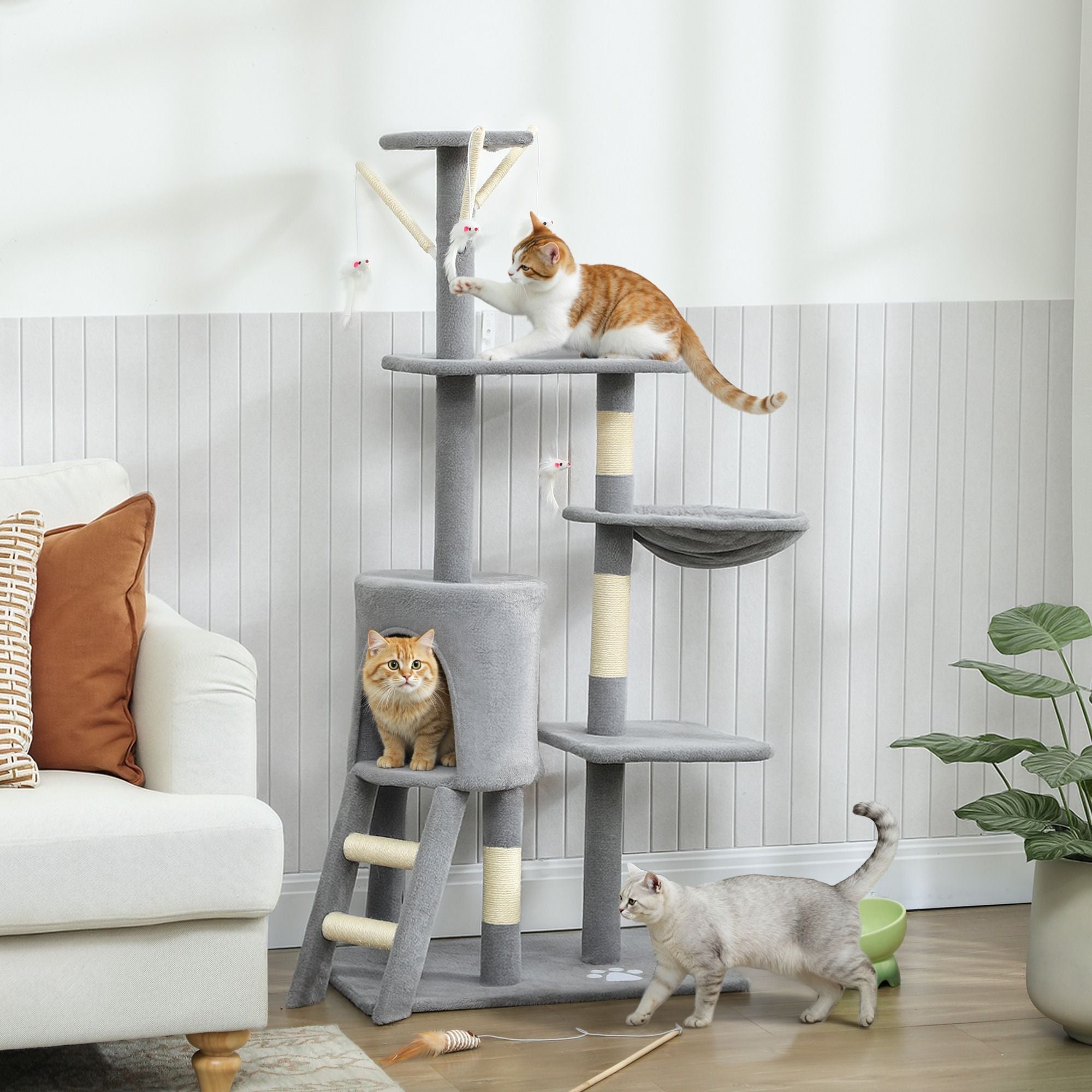 CARLA HOME 134cm Cat Tree for Indoor Cats with Hammock, Plush Perch & Sisal Scratching Posts for Kittens & Adult Cats Light Grey