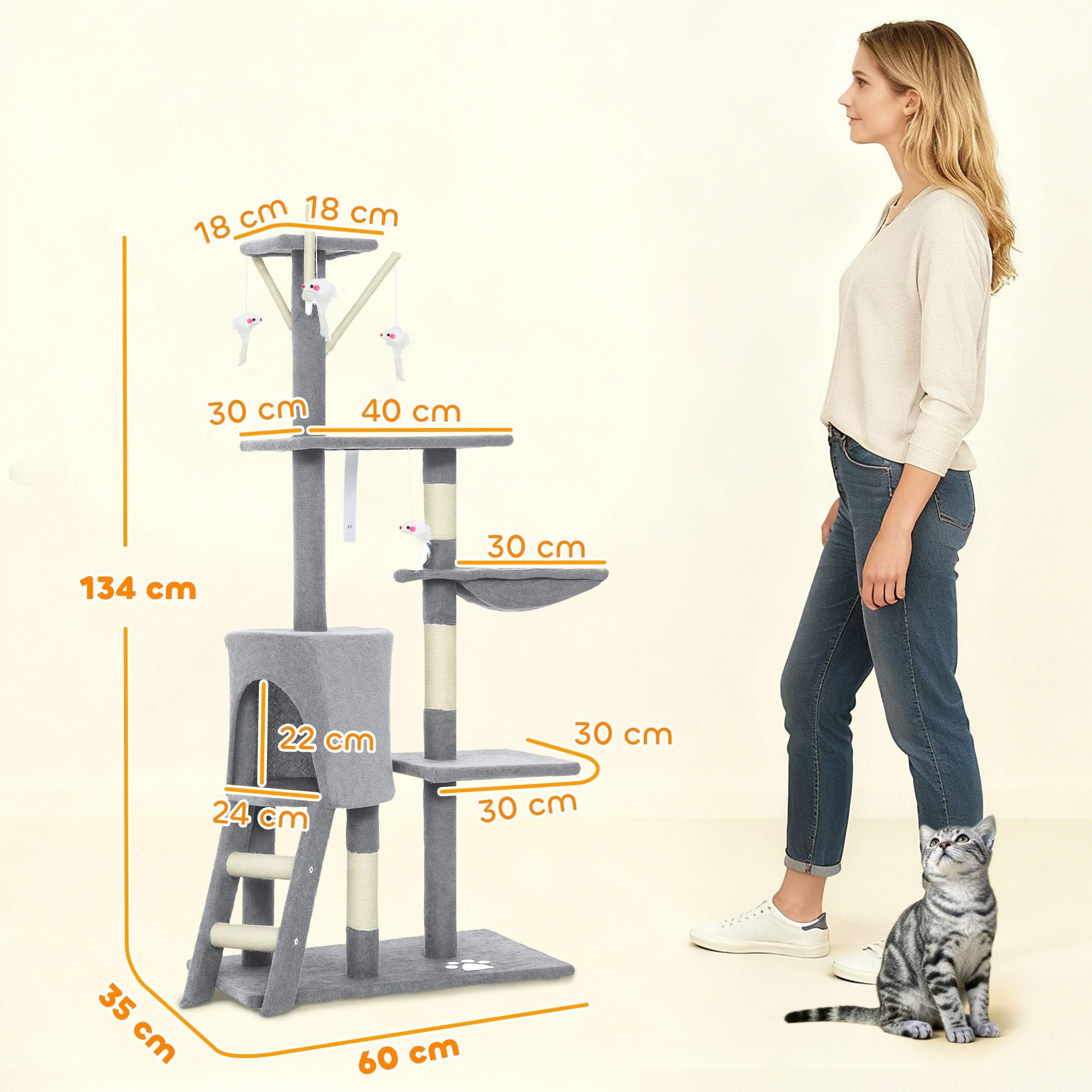 CARLA HOME 134cm Cat Tree for Indoor Cats with Hammock, Plush Perch & Sisal Scratching Posts for Kittens & Adult Cats Light Grey