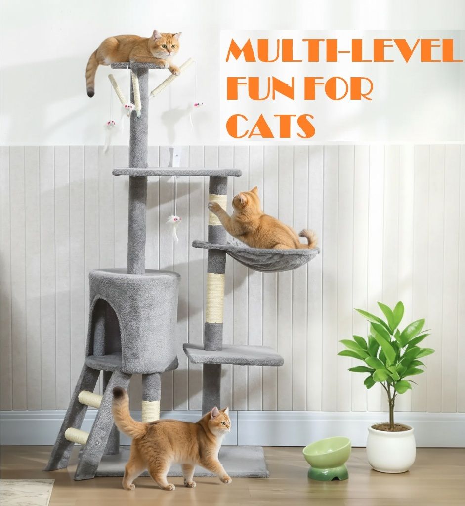 CARLA HOME 134cm Cat Tree for Indoor Cats with Hammock, Plush Perch & Sisal Scratching Posts for Kittens & Adult Cats Light Grey