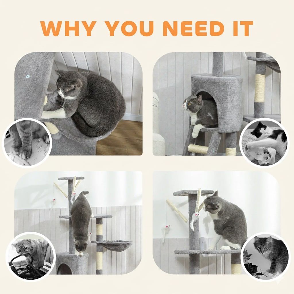 CARLA HOME 134cm Cat Tree for Indoor Cats with Hammock, Plush Perch & Sisal Scratching Posts for Kittens & Adult Cats Light Grey