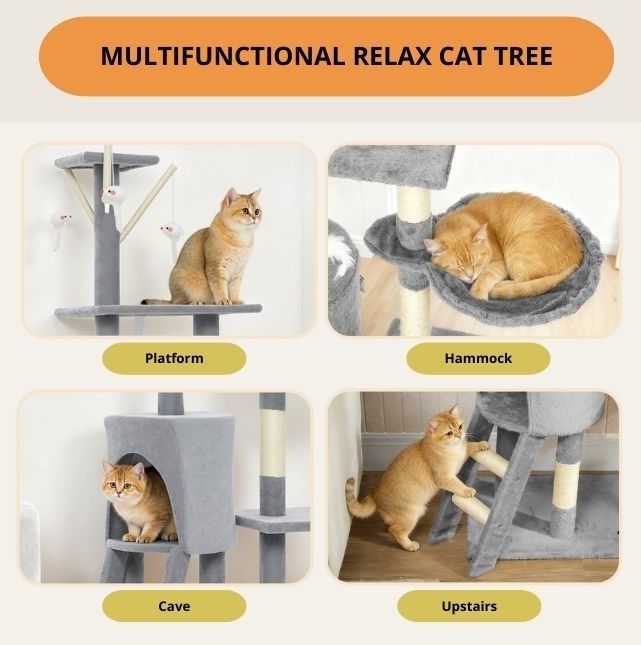 CARLA HOME 134cm Cat Tree for Indoor Cats with Hammock, Plush Perch & Sisal Scratching Posts for Kittens & Adult Cats Light Grey