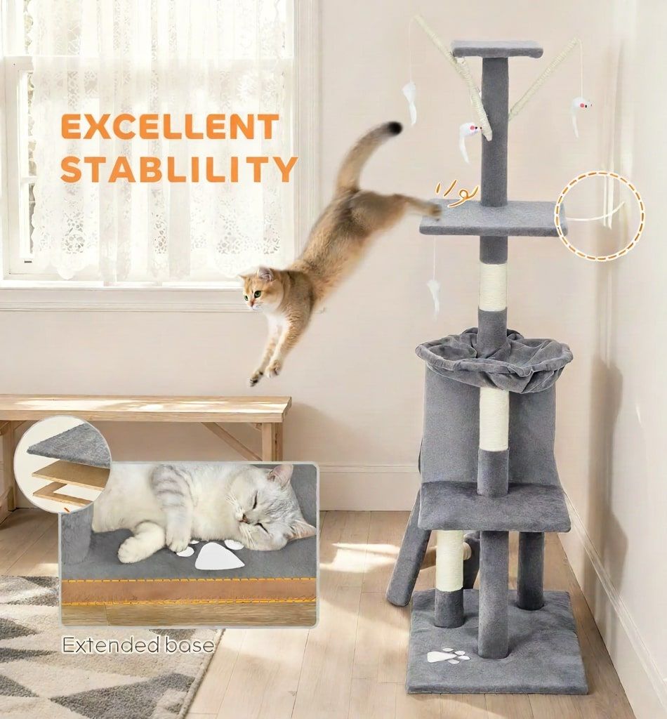 CARLA HOME 134cm Cat Tree for Indoor Cats with Hammock, Plush Perch & Sisal Scratching Posts for Kittens & Adult Cats Light Grey
