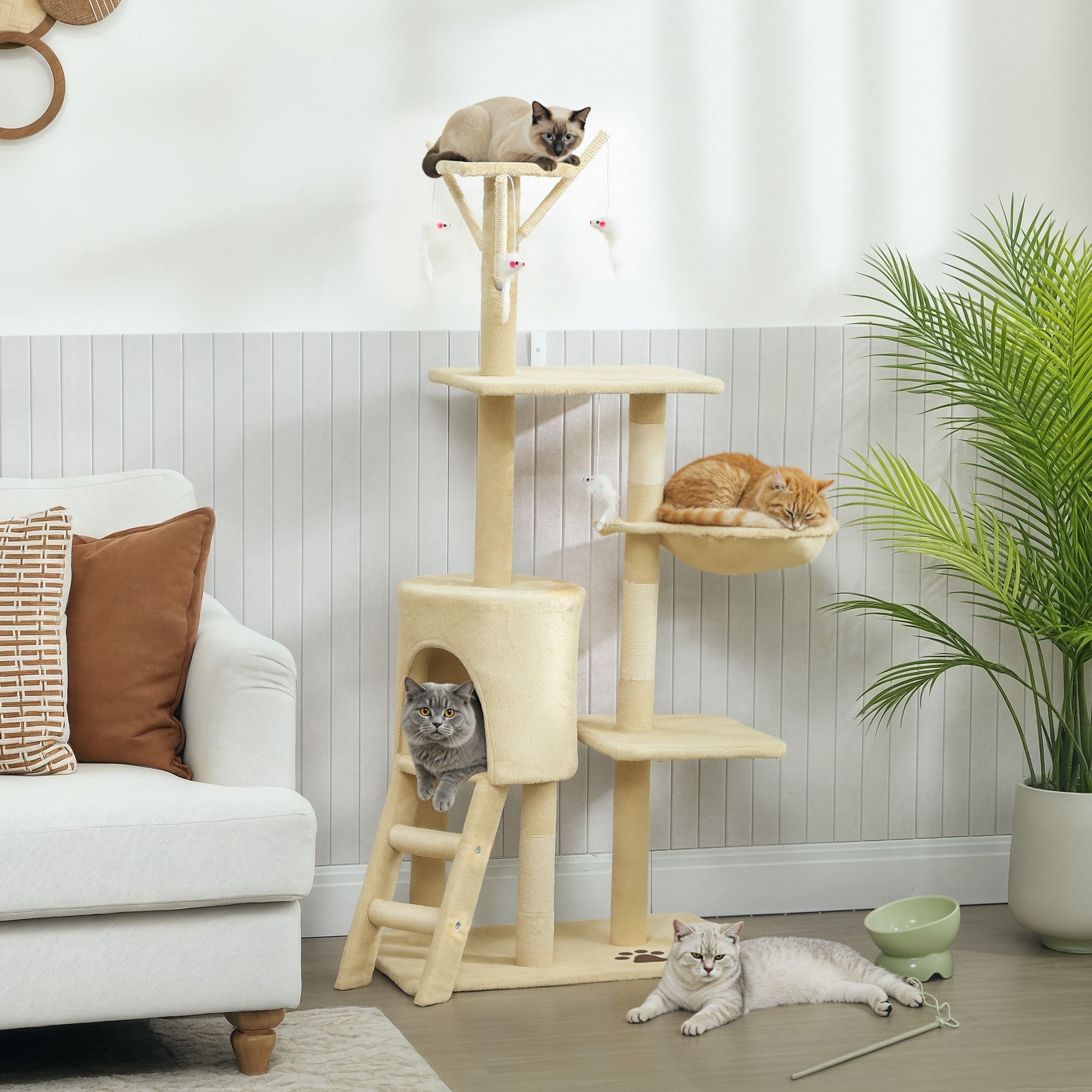 CARLA HOME 134cm Cat Tree for Indoor Cats with Hammock, Plush Perch & Sisal Scratching Posts for Kittens & Adult Cats Beige