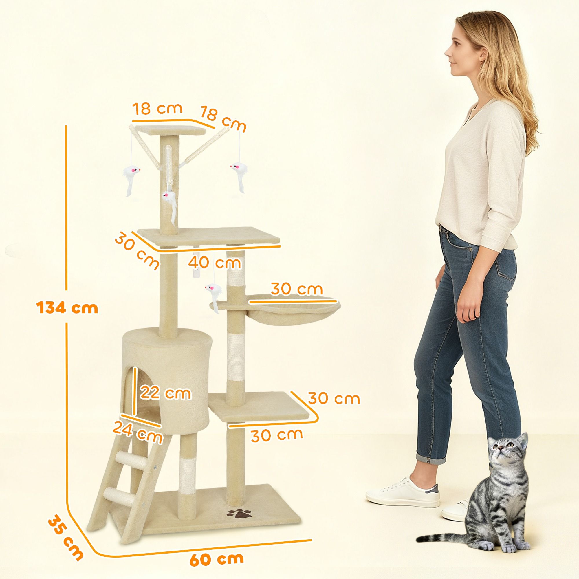 CARLA HOME 134cm Cat Tree for Indoor Cats with Hammock, Plush Perch & Sisal Scratching Posts for Kittens & Adult Cats Beige