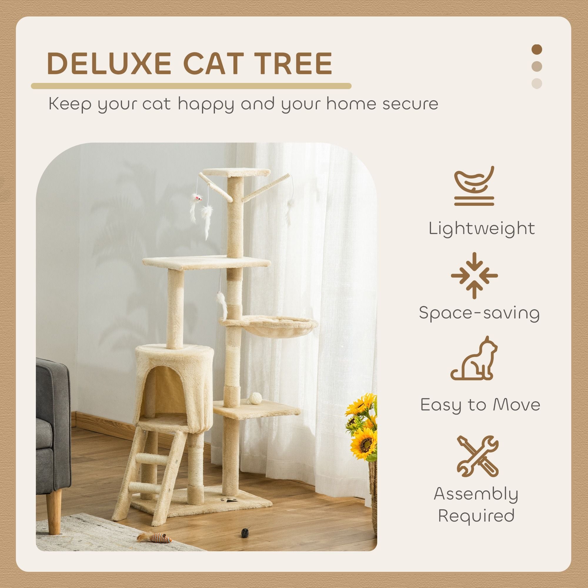 CARLA HOME 134cm Cat Tree for Indoor Cats with Hammock, Plush Perch & Sisal Scratching Posts for Kittens & Adult Cats Beige