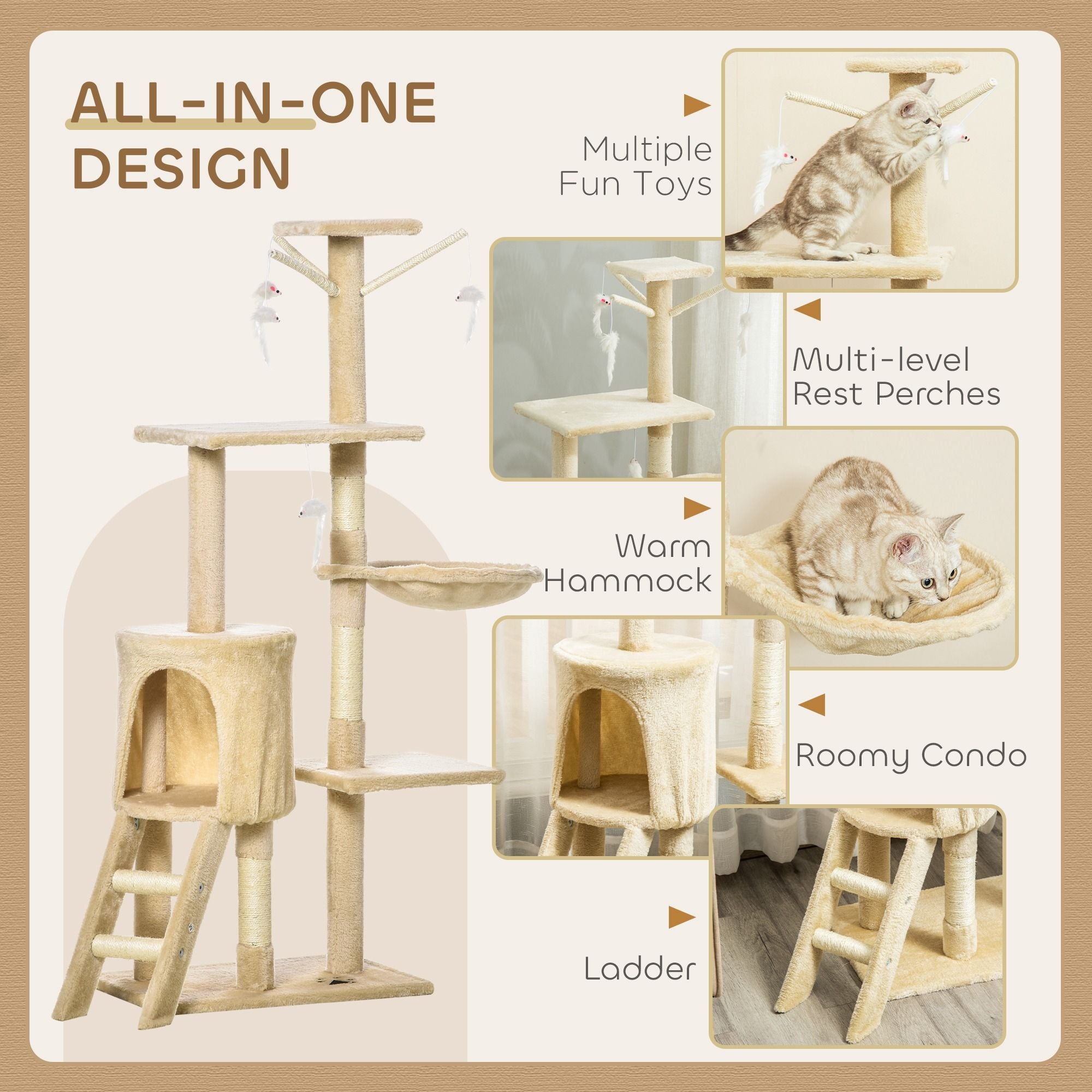 CARLA HOME 134cm Cat Tree for Indoor Cats with Hammock, Plush Perch & Sisal Scratching Posts for Kittens & Adult Cats Beige